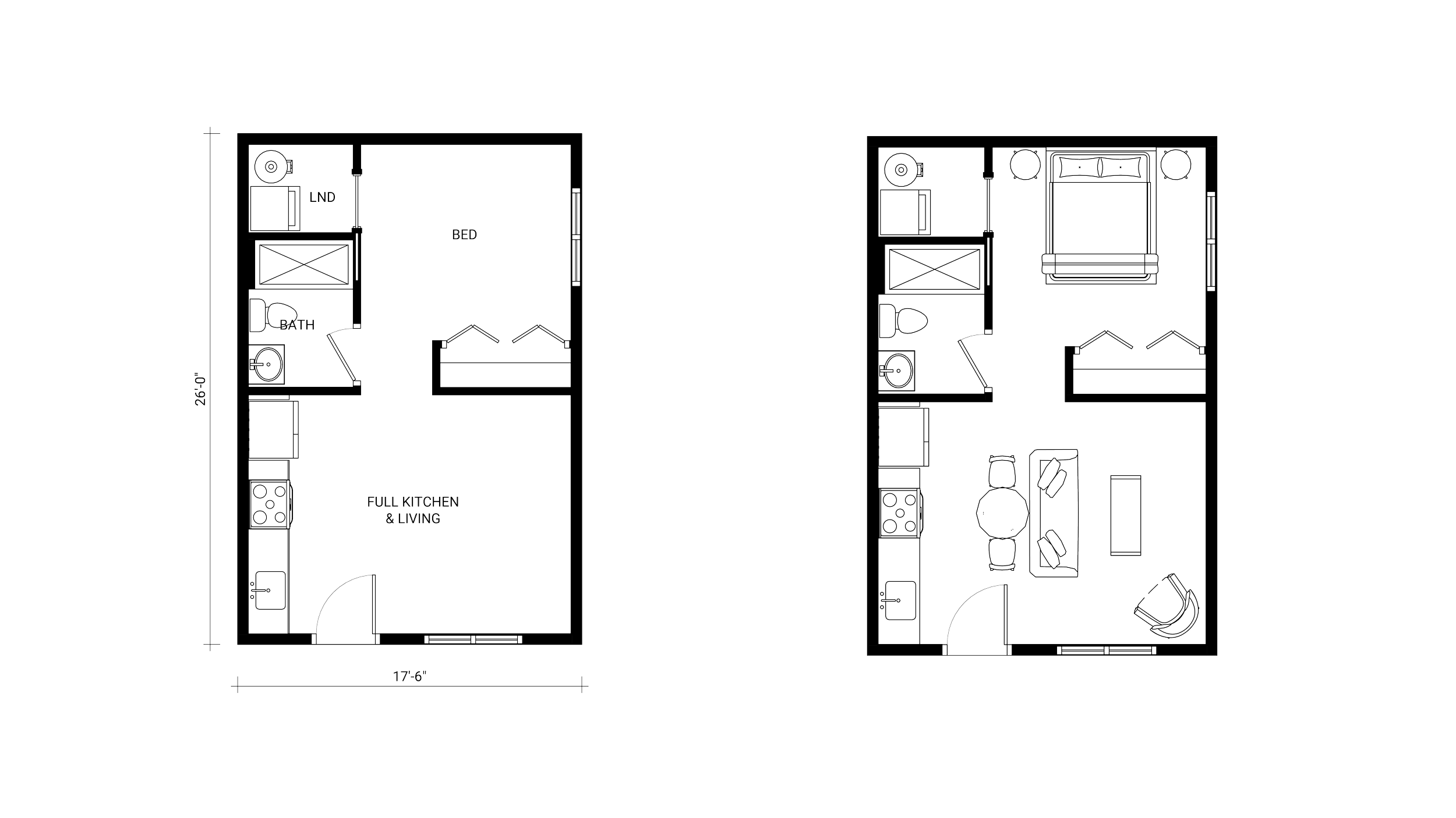 Floor plan of an ADU with side by side drawings. One contains dimensions and the other contains furniture layout. The plan includes a bedroom, kitchen, bathroom, and living area.