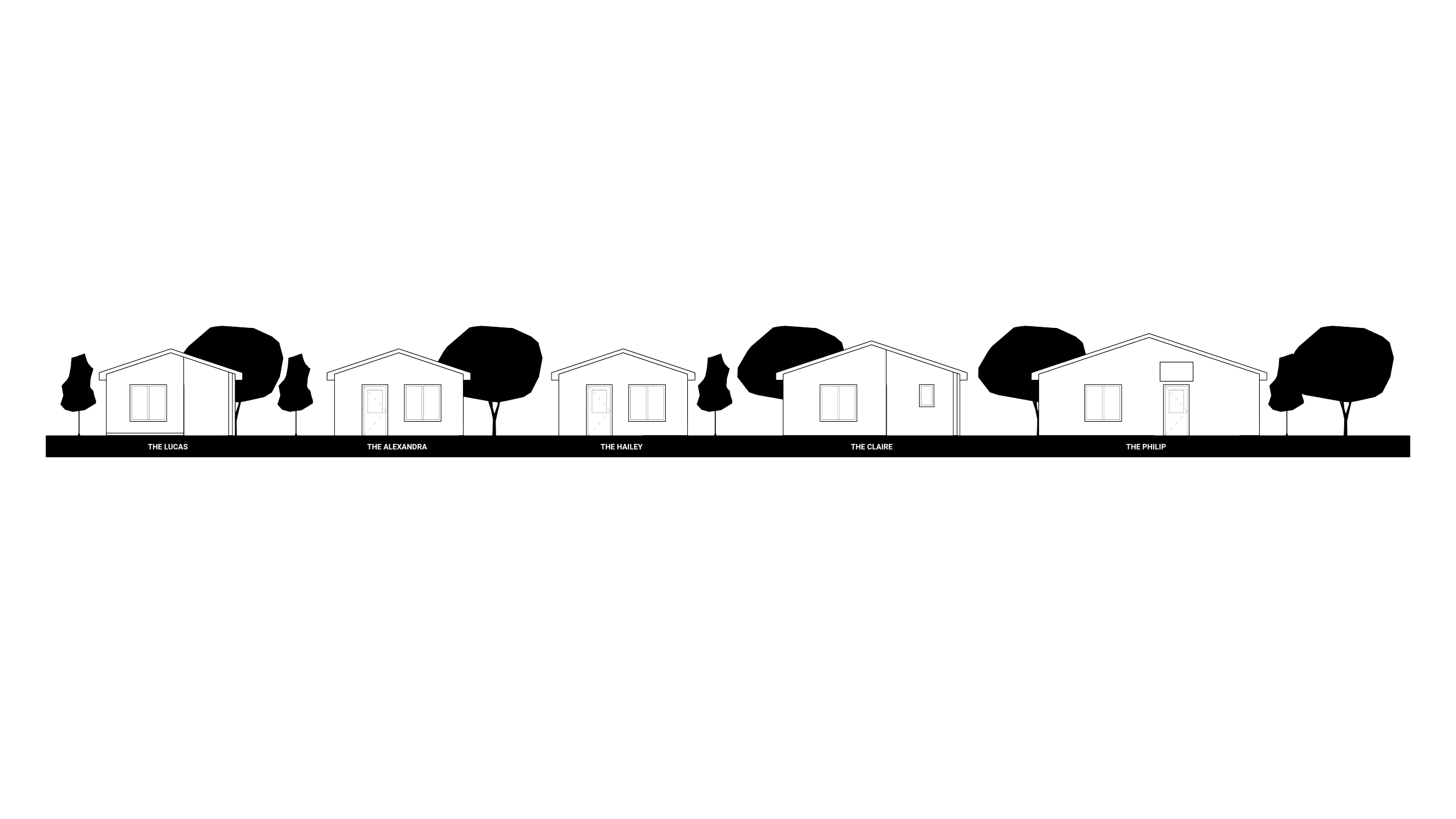 Line drawing of five small houses with trees, each labeled with different names: The Lucas, The Alexandra, The Hailey, The Claire, The Philip.
