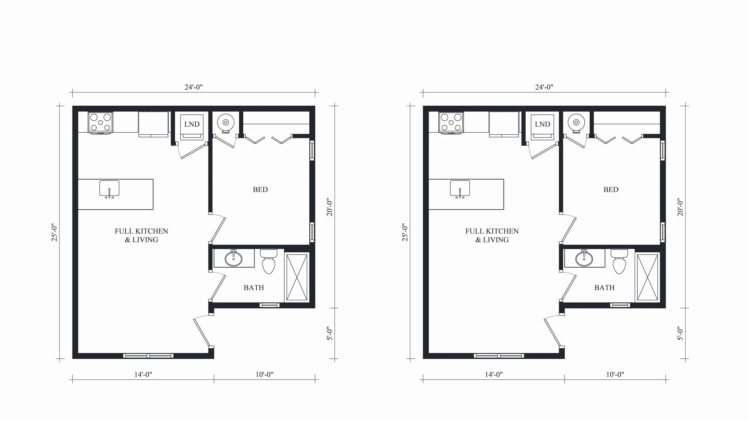 Floor plan of an ADU with side by side drawings. One contains dimensions and the other contains furniture layout. The plan includes a bedroom, kitchen, bathroom, and living area.