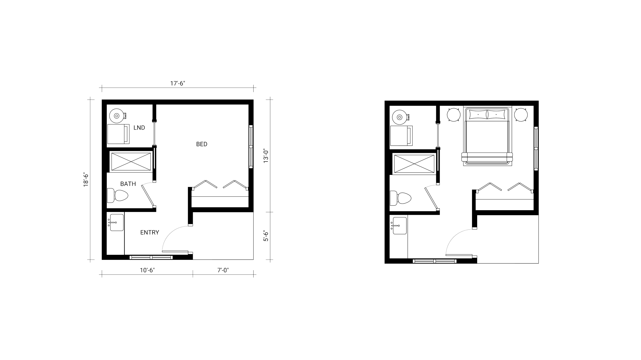 Architectural floor plans of two small residential units with labeled rooms, dimensions, and layout details.