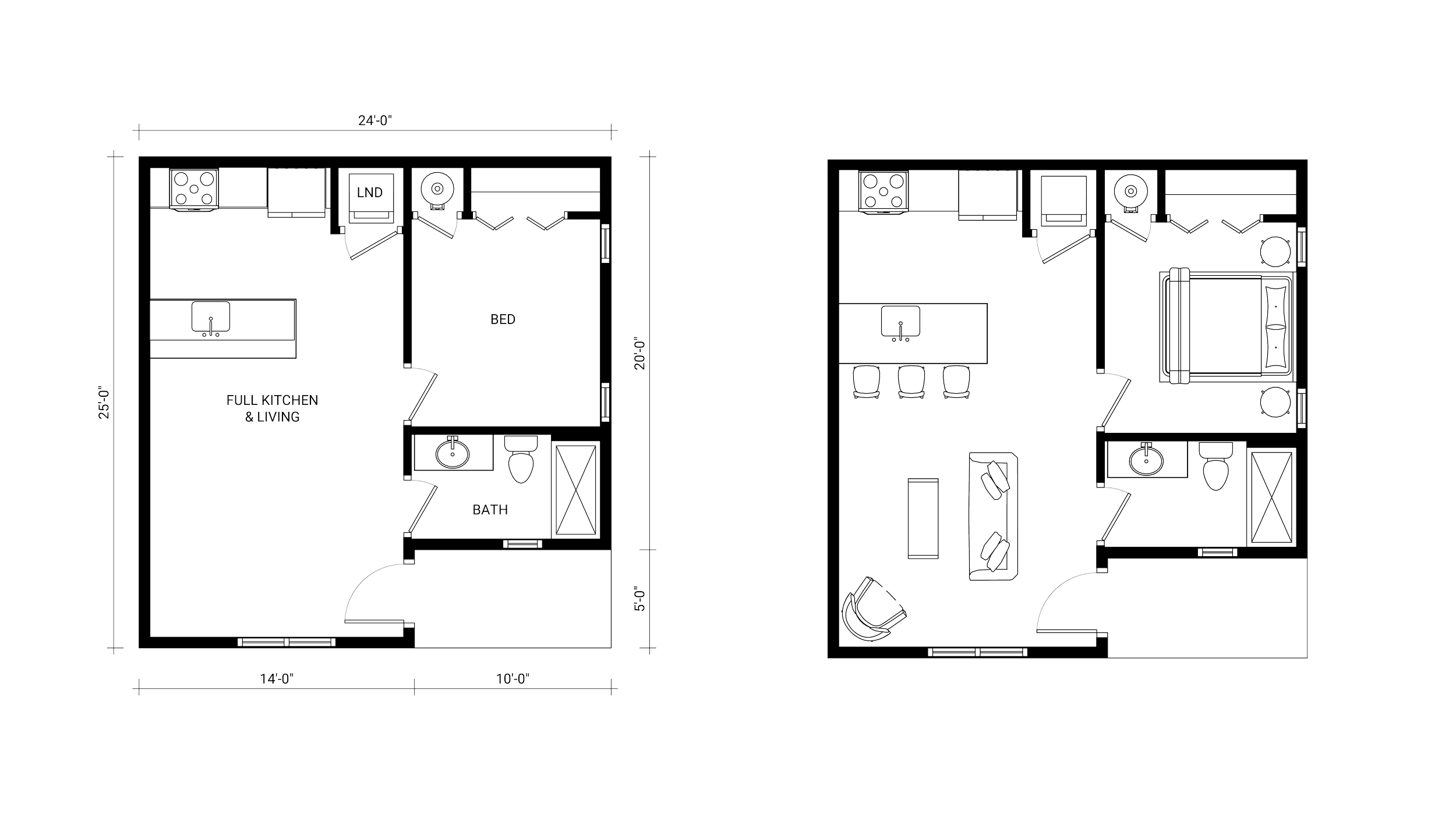 Floor plan of an ADU with side by side drawings. One contains dimensions and the other contains furniture layout. The plan includes a bedroom, kitchen, bathroom, and living area.