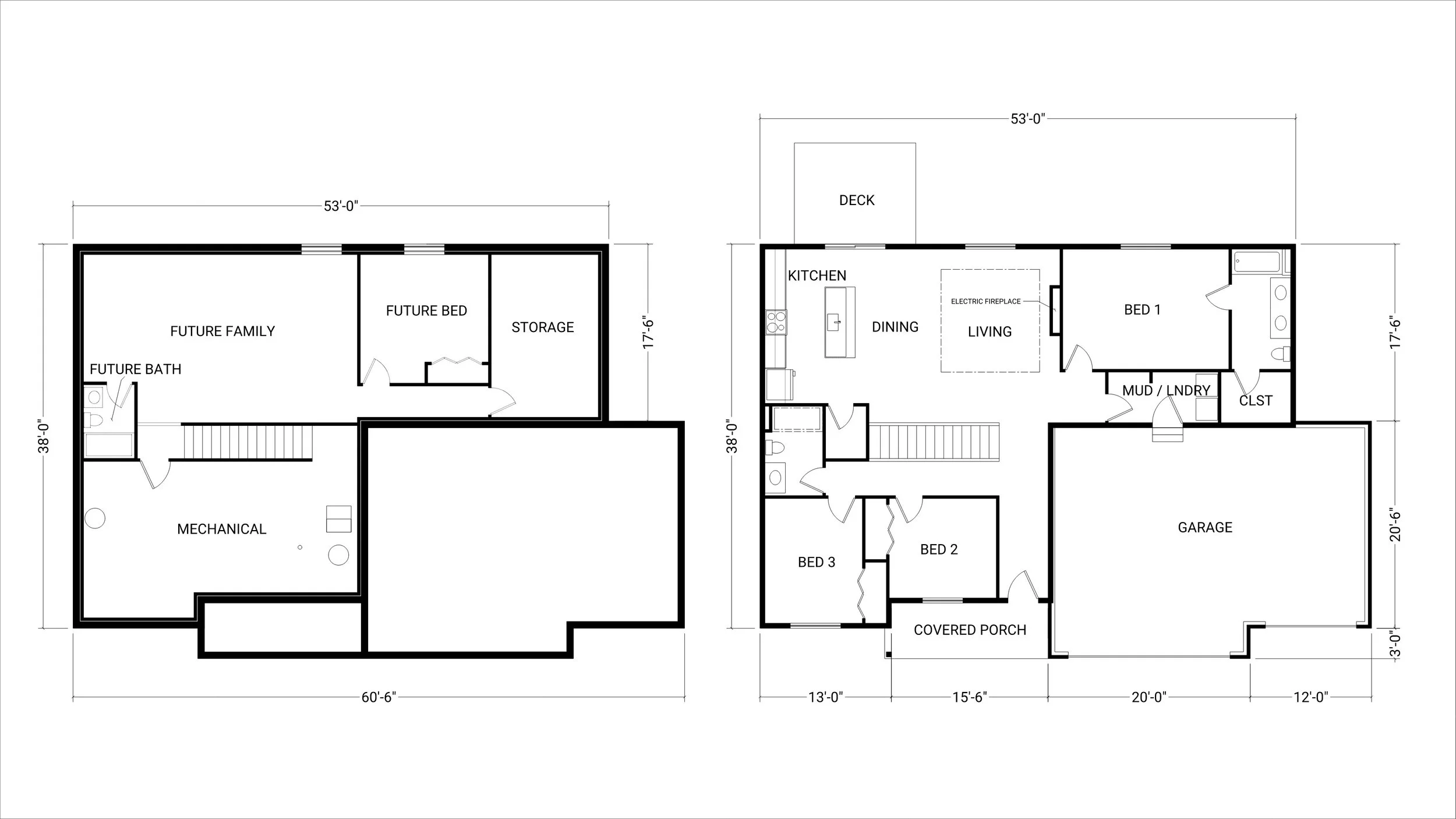 Floor plan of a two-story house with labeled rooms including a kitchen, dining area, living room, bedrooms, bathrooms, garage, deck, covered porch, and future spaces for family, bedrooms, bath, and storage.