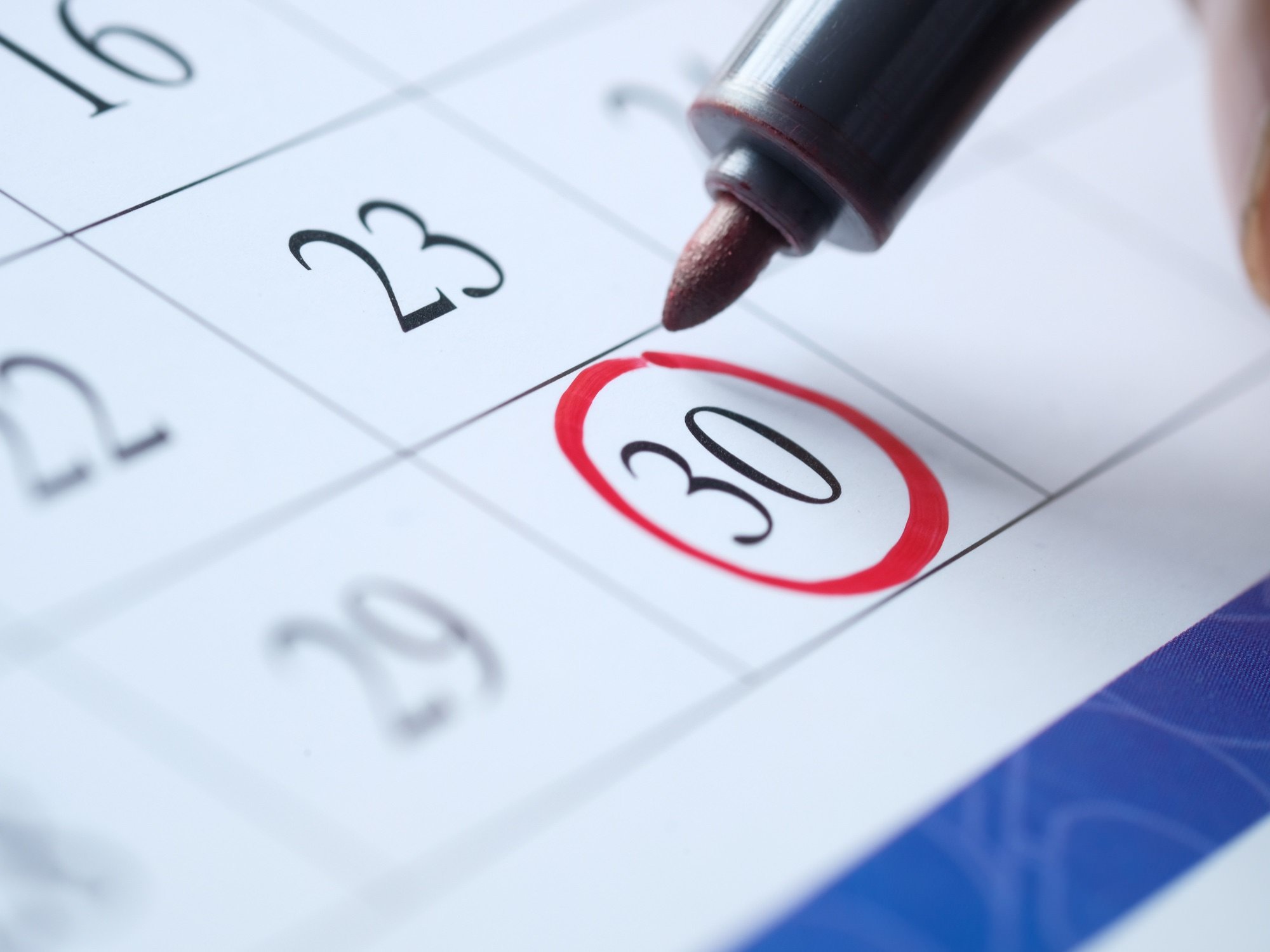 calendar date of 30 circled in red pen