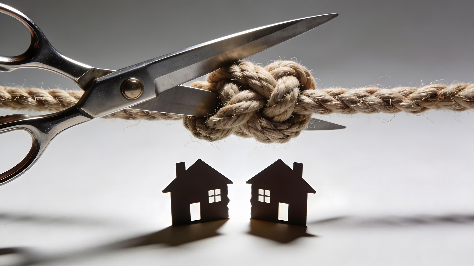 rope with scissors above a house split in half