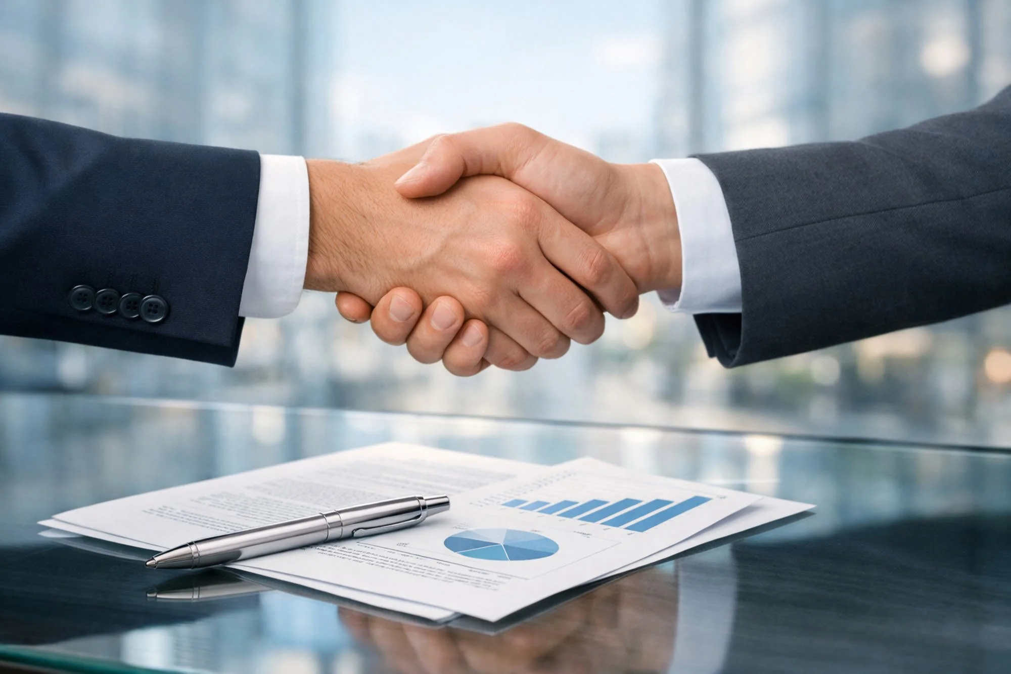 Men shaking hands with financial papers under it