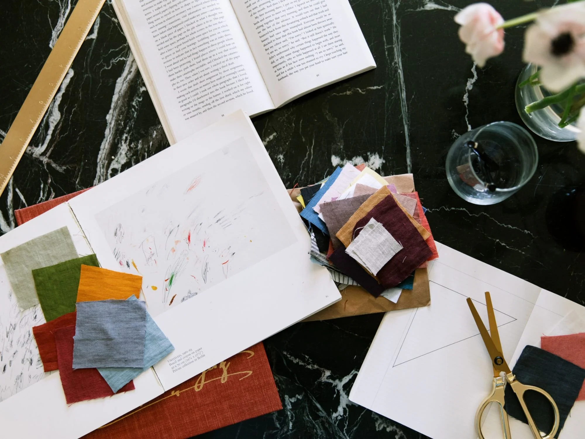 swatches of fabric laid out on table