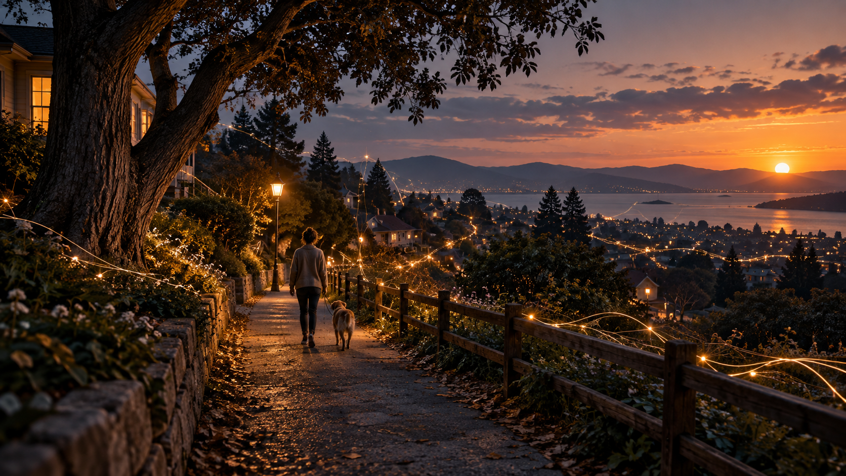 AI-generated illustration of a neighborhood walk at dusk, with glowing threads of light connecting everyday life.