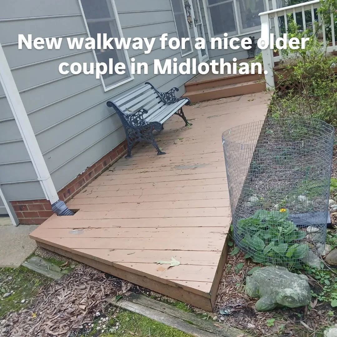 We replaced this little porch/walkway for a couple in Midlo. The old setup was sloped toward the house, with no joist tape and no gap between the boards and the brick. It rotted away quickly. This one will last.