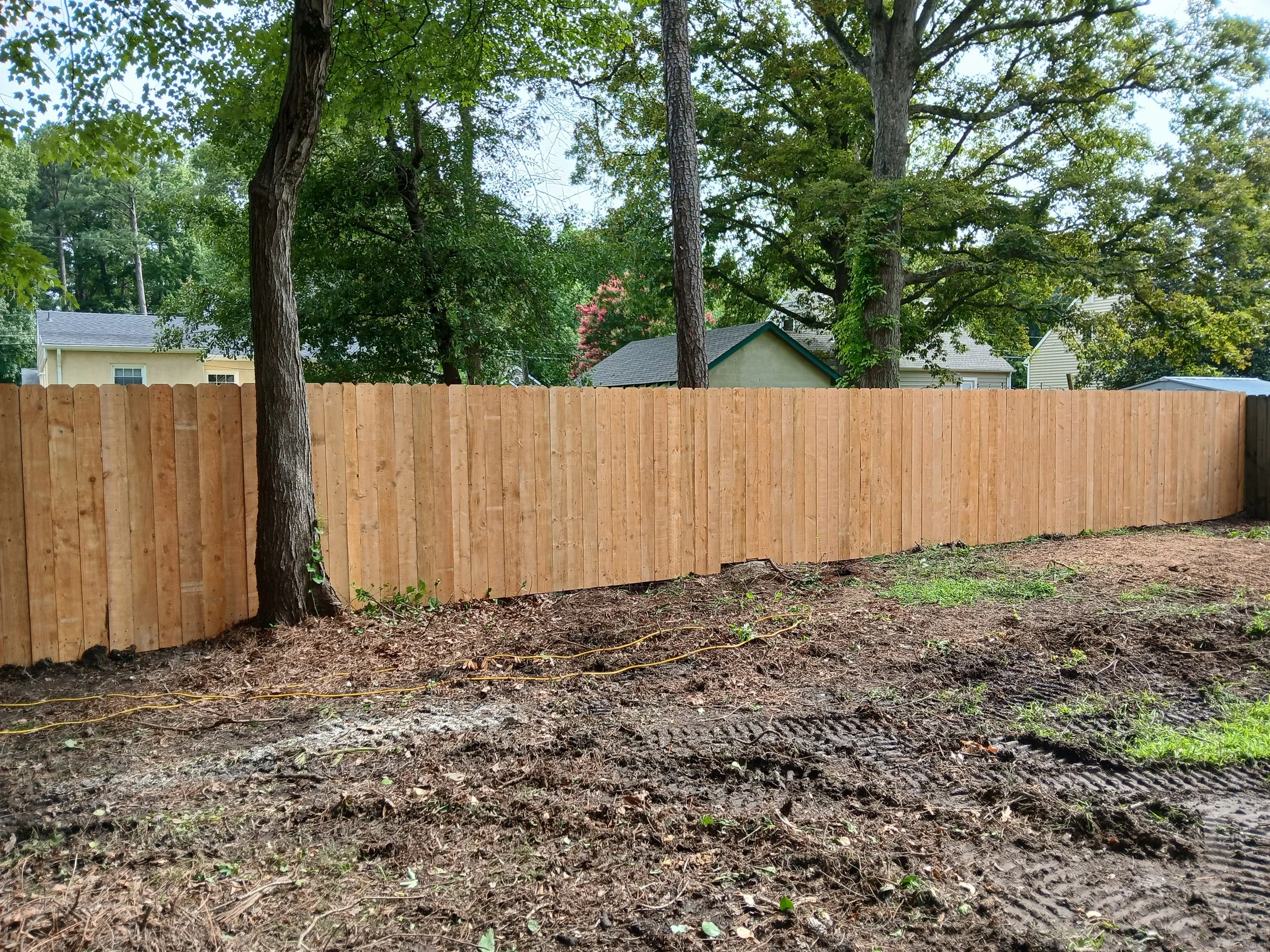 A freshly built wooden fence in a backyard with trees in the background and some dirt and tire tracks on the ground.