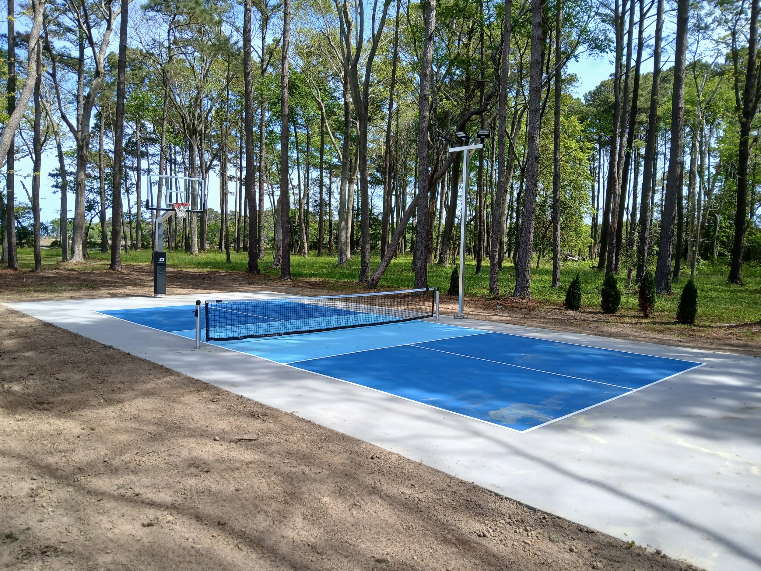 A newly paved tennis or pickleball court with blue surface, surrounded by trees and a small net in the center, in a wooded outdoor area.