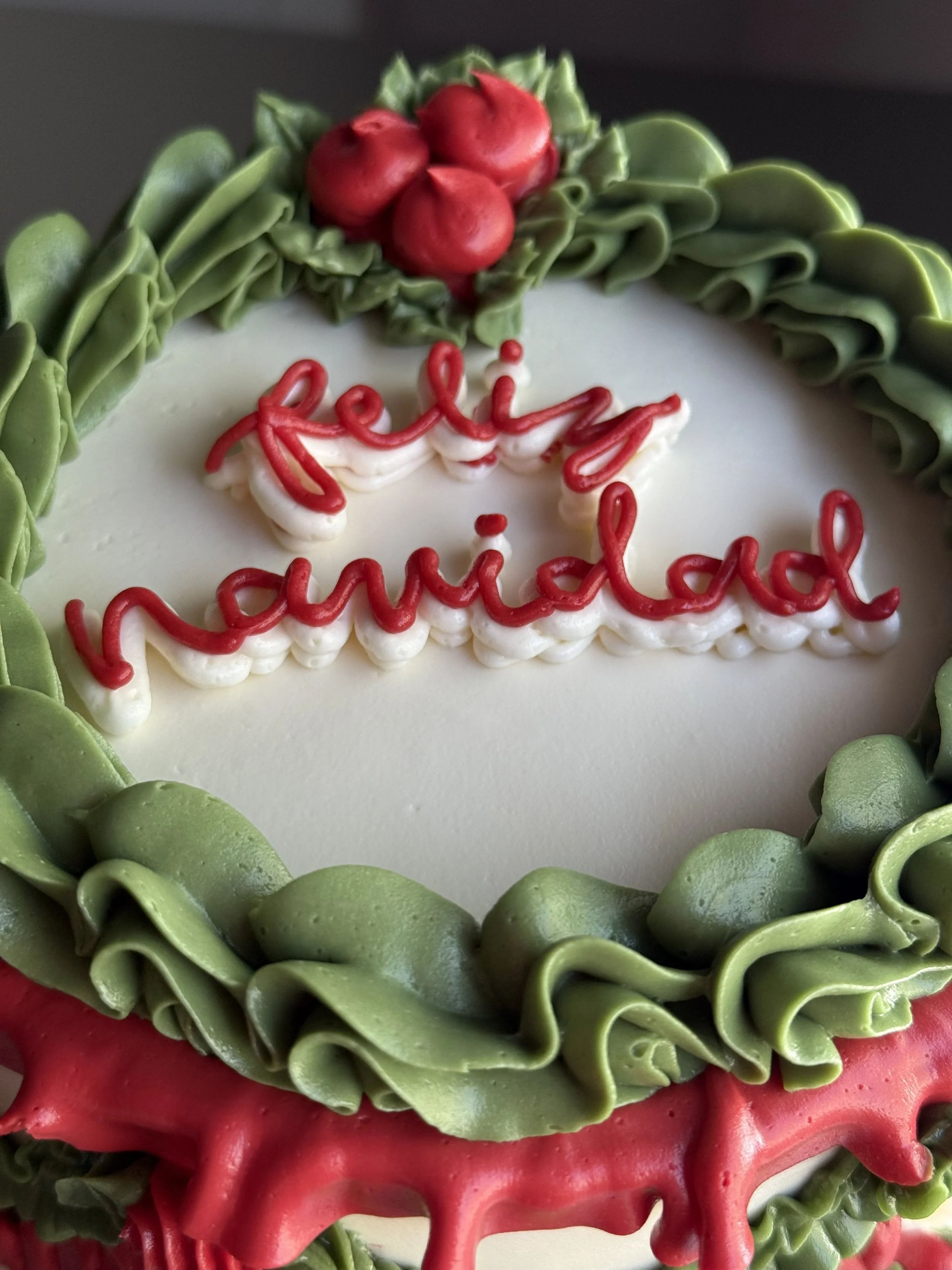 Close-up of a Christmas-themed cake with green piped icing along the edge, decorated with red icing, and the words 'Feliz Navidad' written in red and white icing in the center.
