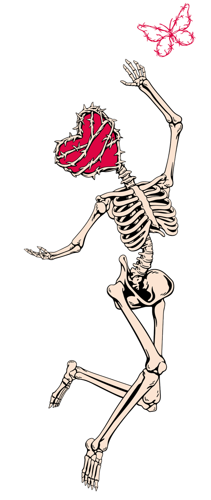The Gruff Studios Mascot. Skeleton of a person with a red heart and a pink butterfly above its raised hand, depicted in a whimsical, illustrative style.