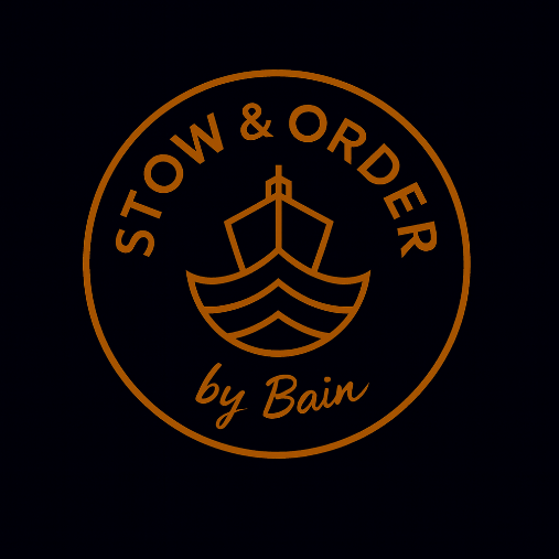 Logo featuring a ship inside a circle with the text 'Stow & Order by Bain' around it, set against a dark background.