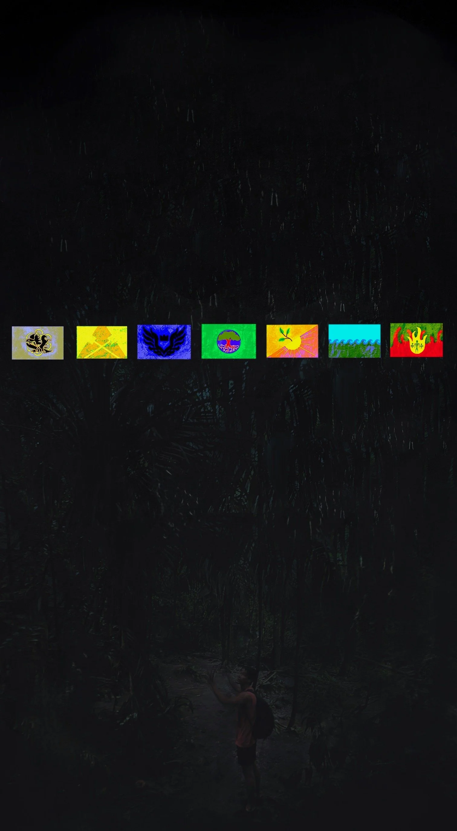 A dark outdoor scene with a person carrying a backpack and holding an umbrella, standing among dense trees or jungle foliage. In the center, a row of seven colorful, glowing symbols or badges, each with distinct designs and vivid colors, is displayed across the image.