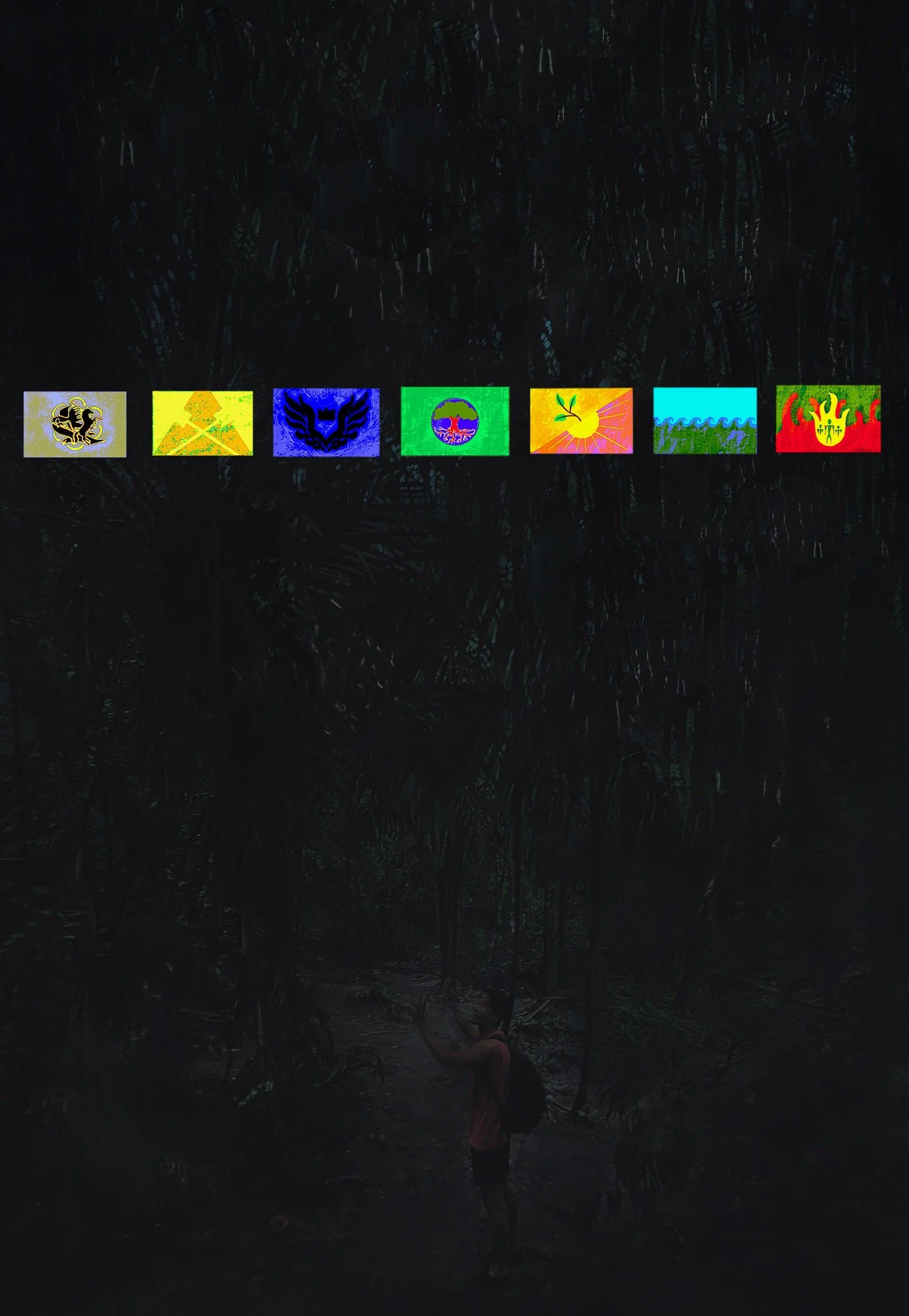 Colombian flags hanging horizontally in front of a dark jungle background, with a person inspecting or taking a photo of the flags.