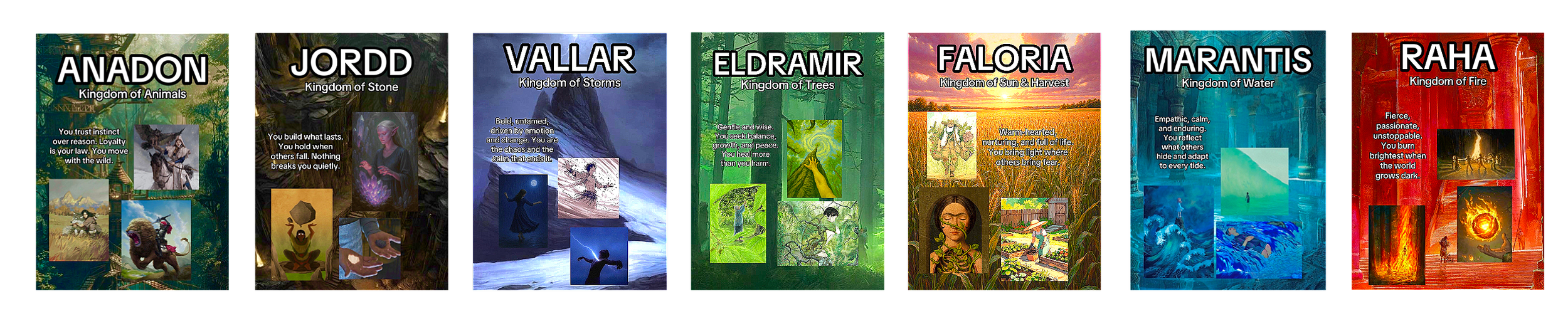 A collage of images representing different kingdoms including Animals, Stone, Storms, Trees, Sun & Harvest, Water, and Fire, each with descriptive text and artwork.