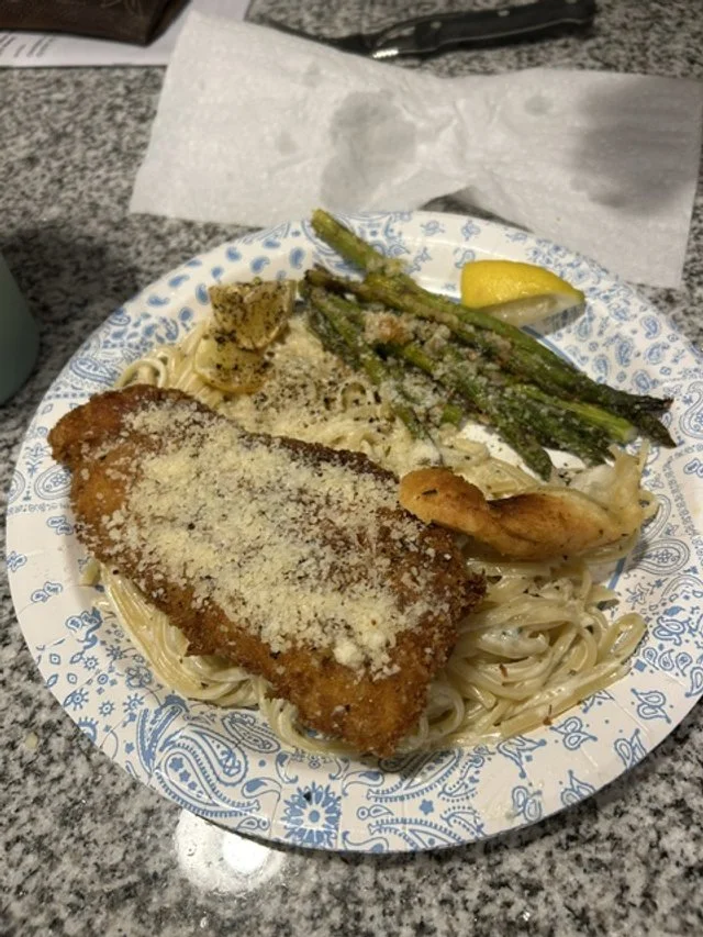 Panko Crusted Chicken with a Homeade Alfredo and Asparagus 