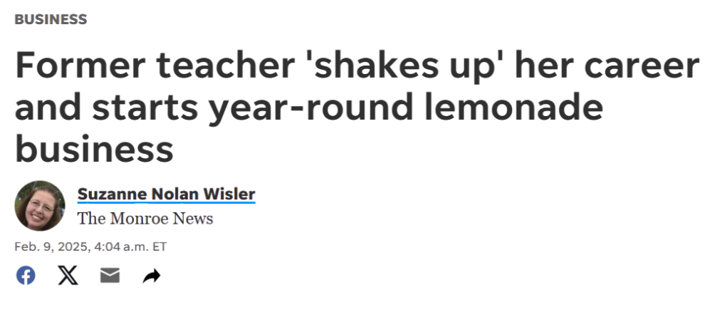 News article titled “Former teacher shakes up her career and starts year-round lemonade business” featuring Shake It Up Lemonade