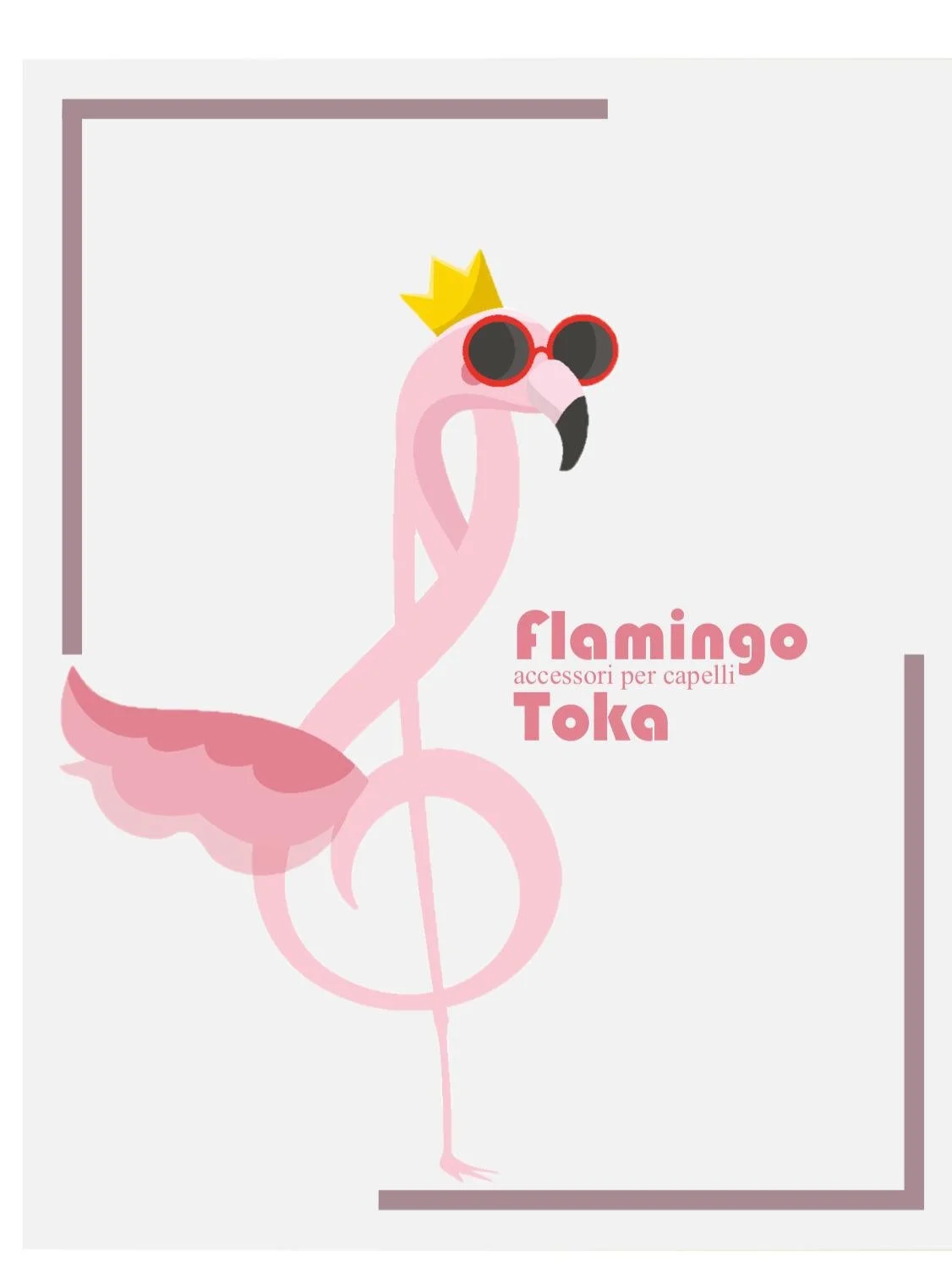 Cartoon illustration of a pink flamingo wearing red sunglasses and a yellow crown, with a treble clef integrated into its body. The text on the image reads 'flamingo accessori per capelli Toka'.