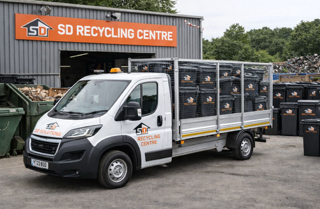 White recycling truck parked outside an SD Recycling Centre building, with black recycling bins stacked nearby.