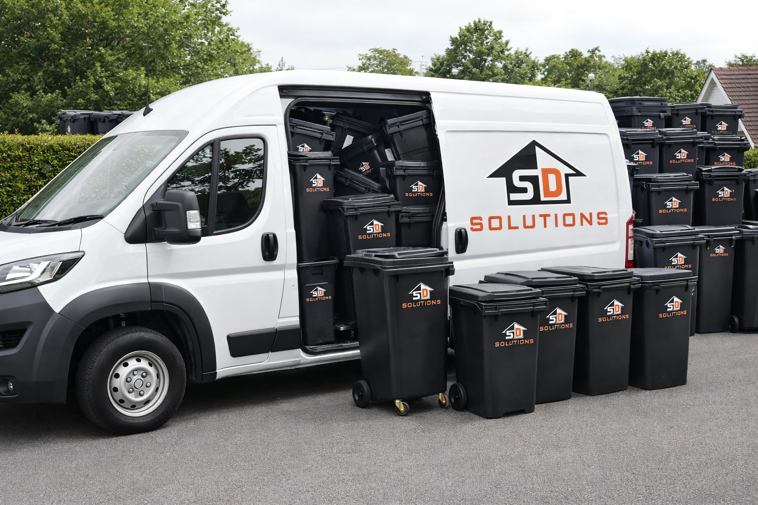 White delivery van with open side door filled with black trash bins and additional bins placed outside, all branded with the 'SD Solutions' logo.