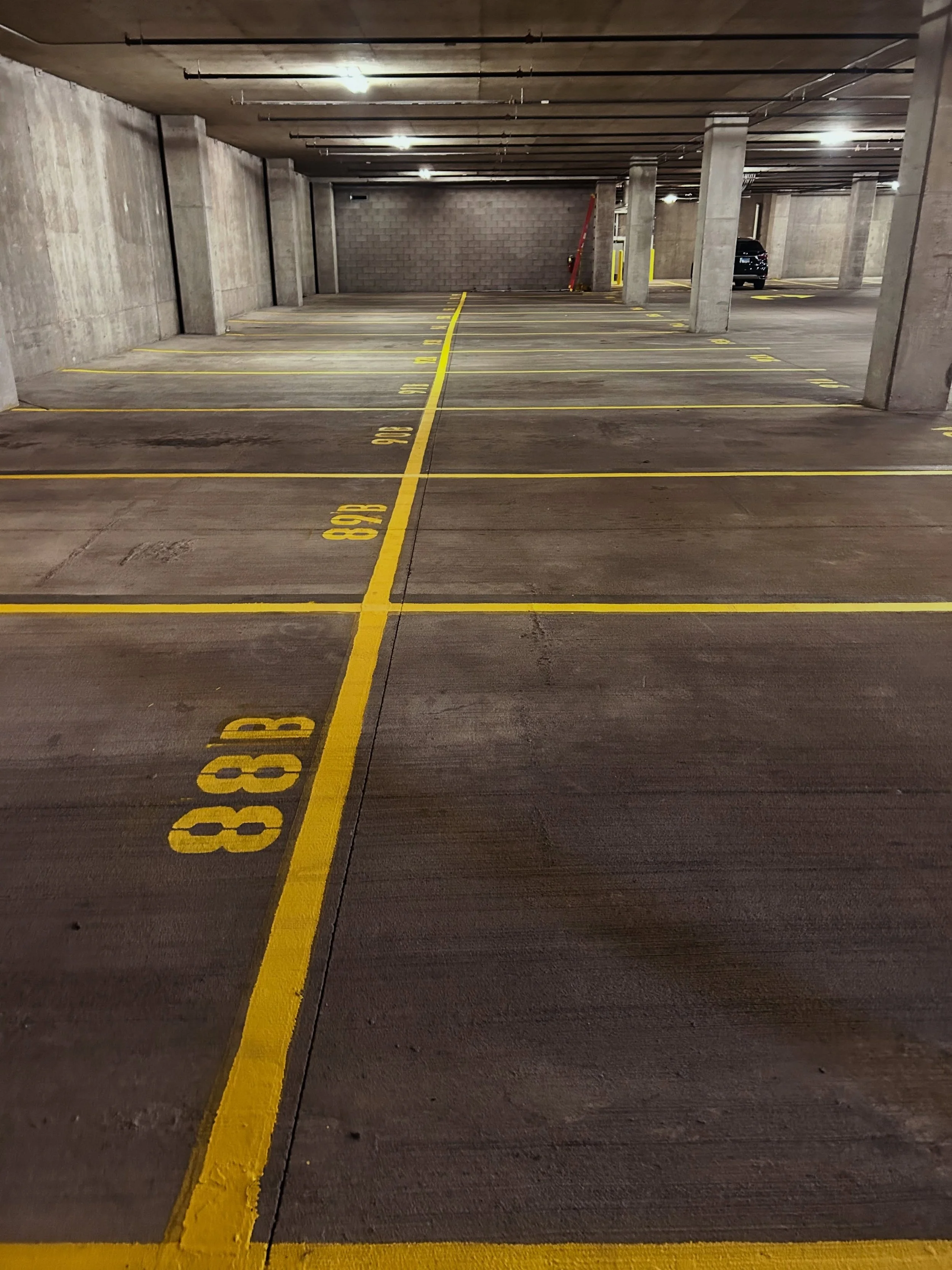 Commercial Parking garage in west Lafayette, Indiana was restriped by Blacktop Boss. 