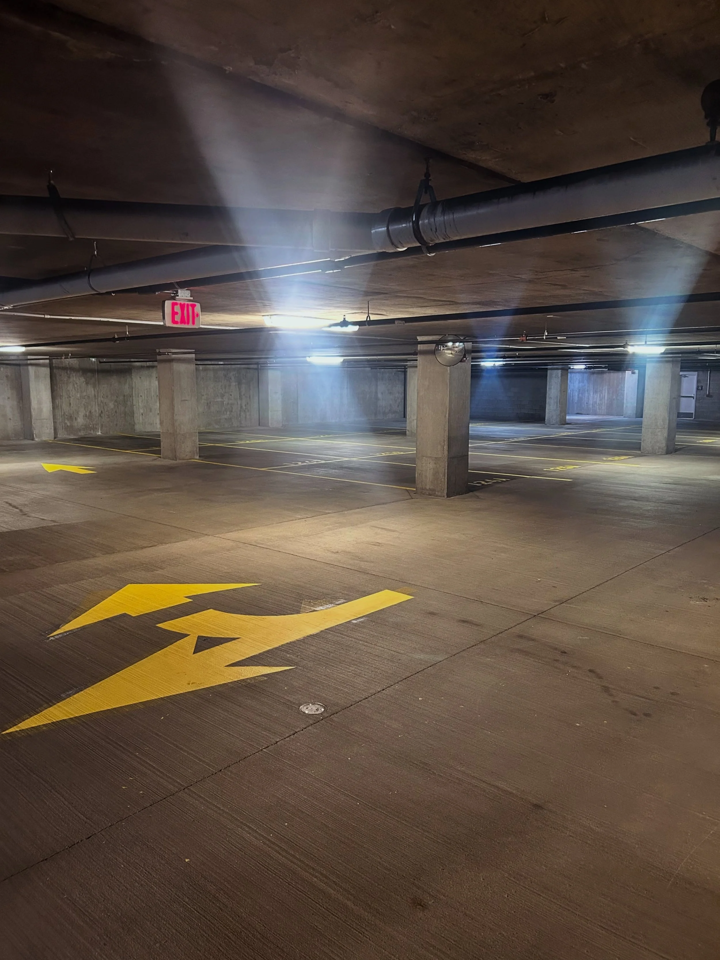Parking garage in west Lafayette was restriped by Blacktop Boss. 