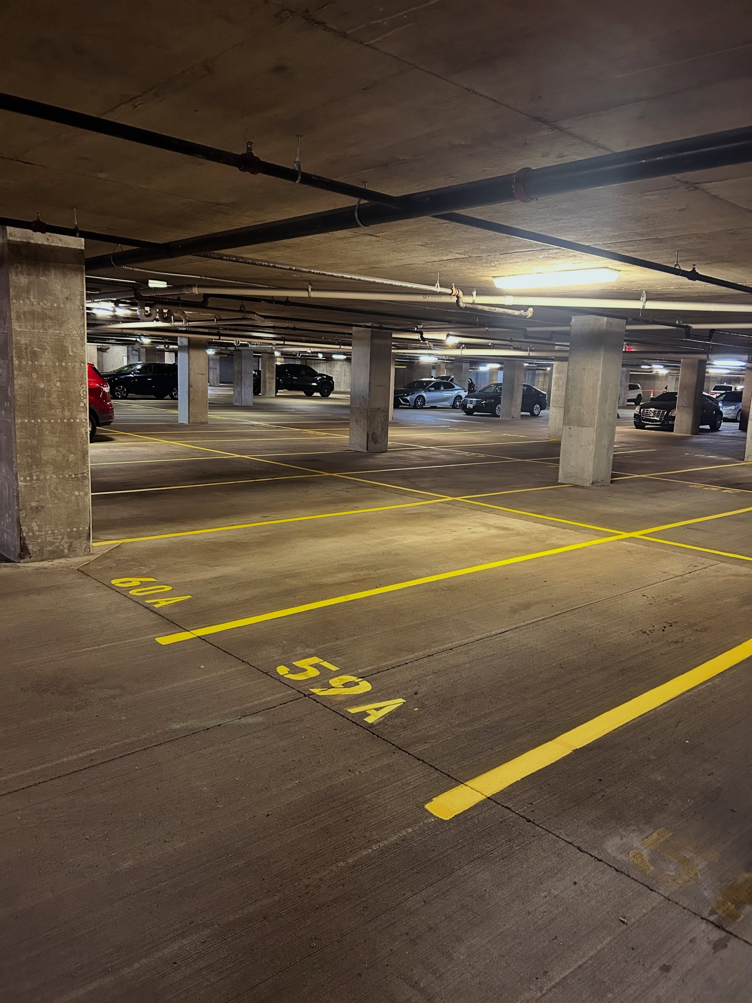 Commercial Parking garage in west Lafayette, Indiana was restriped by Blacktop Boss. 