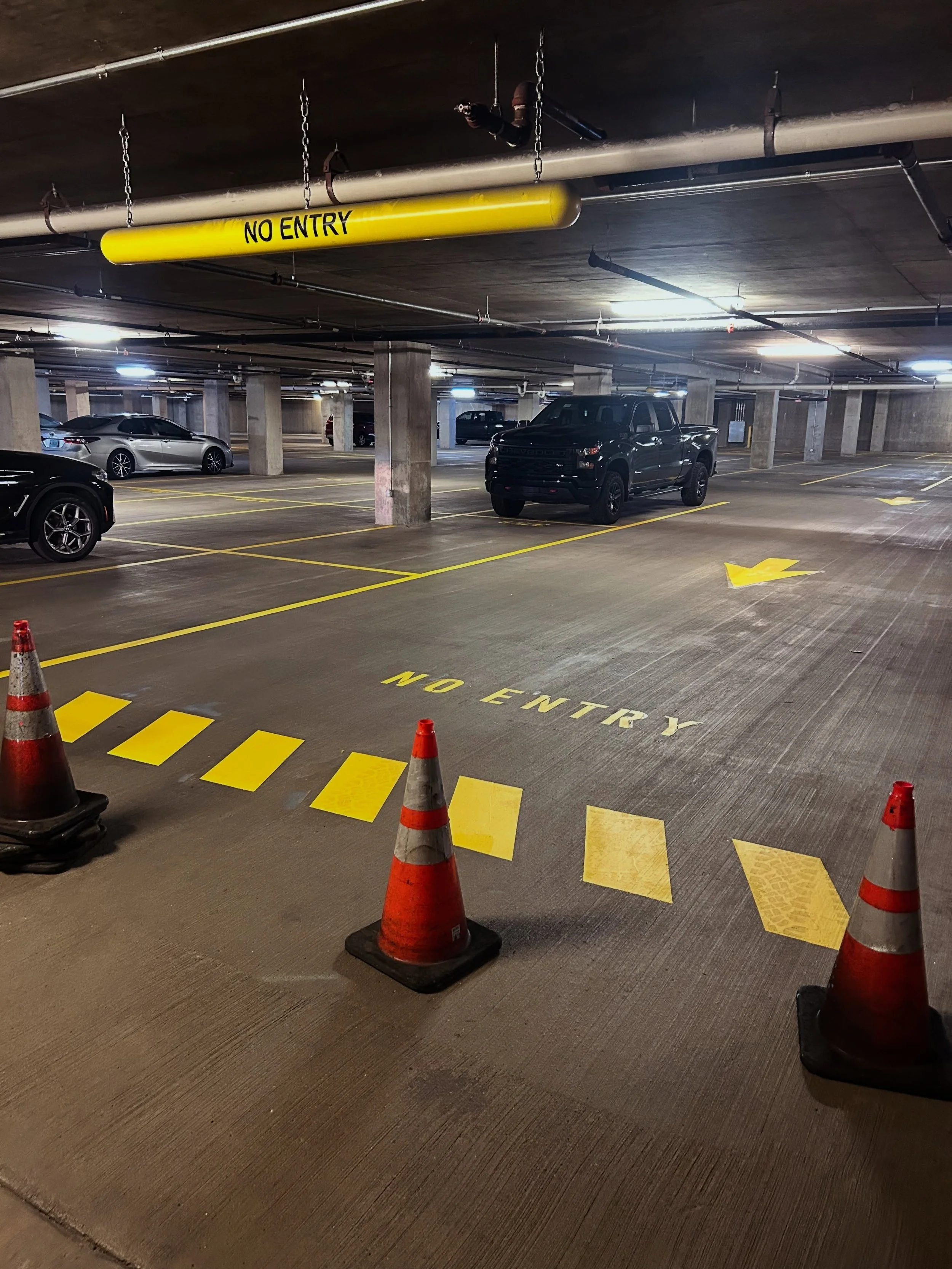 Commercial Parking garage in west Lafayette, Indiana was restriped by Blacktop Boss. 