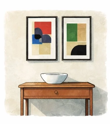 art above side table with bowl on top