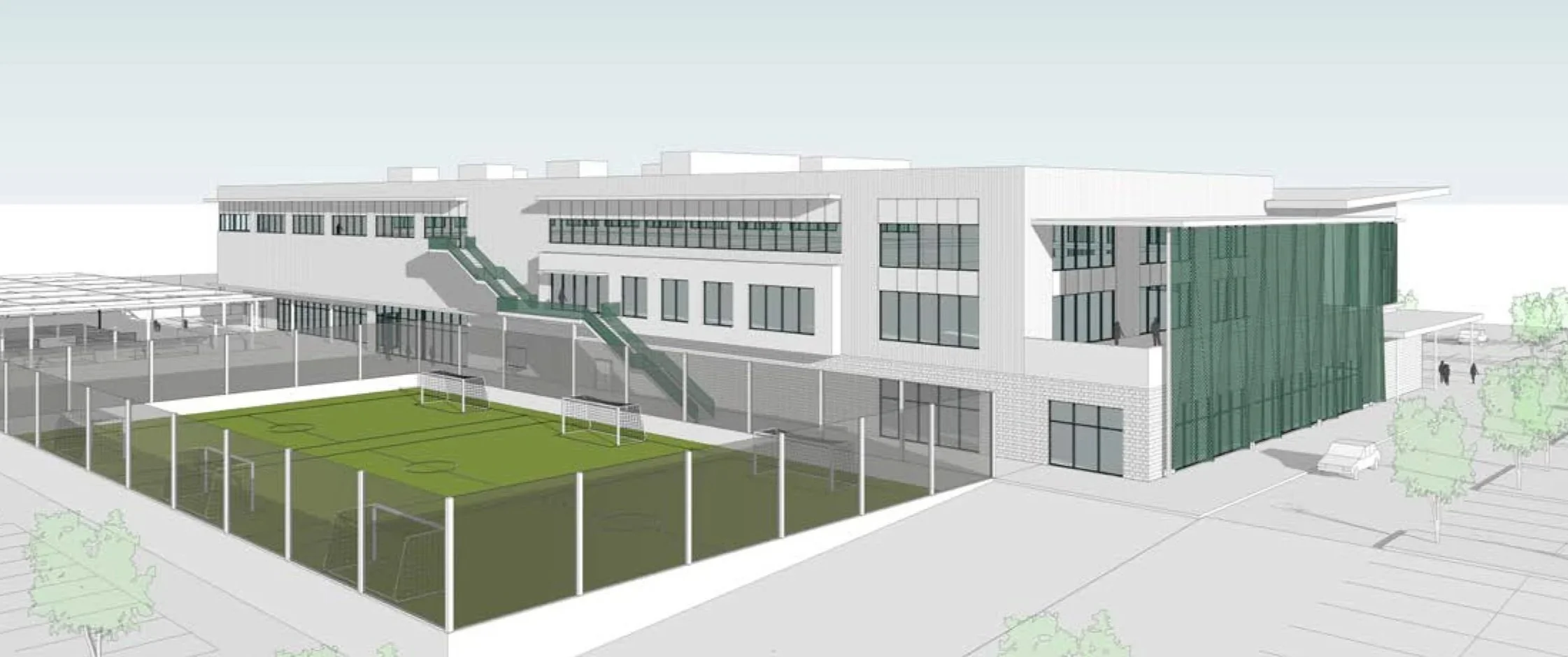 3D exterior rendering of the DSSC Flagship sports and fitness facility planned for Dripping Springs, Texas.