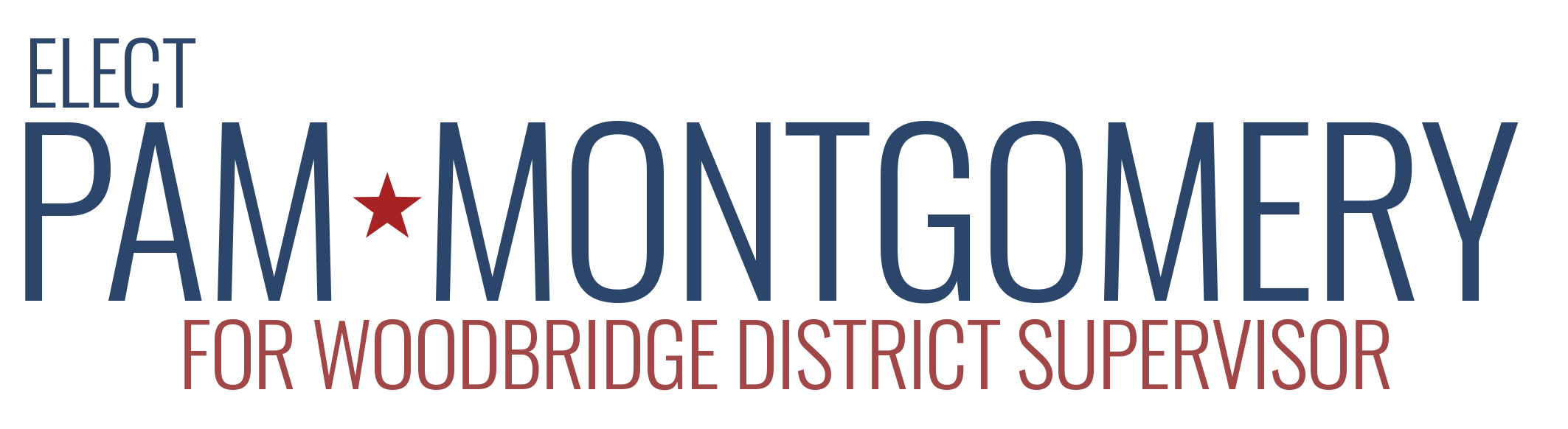Campaign logo for Pam Montgomery's election campaign as Woodbridge District Supervisor, featuring the text 'ELECT PAM MONTGOMERY FOR WOODBRIDGE DISTRICT SUPERVISOR' with a red star in place of the letter 'A' in 'Pam'.