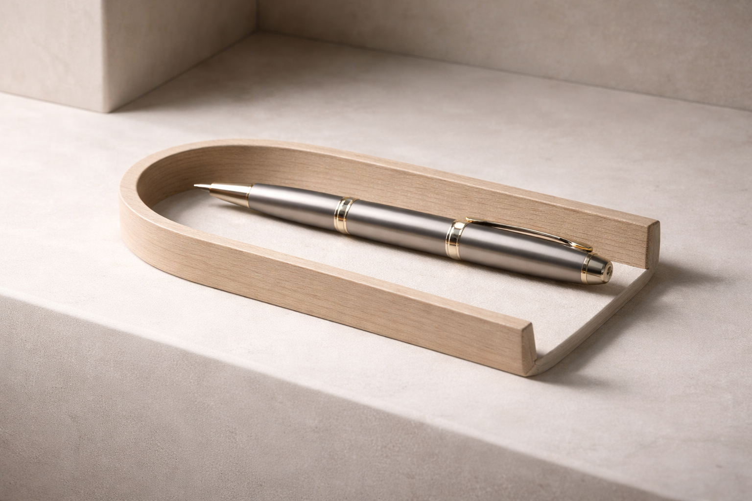 A silver and gold pen with a wooden holder on a light beige surface.