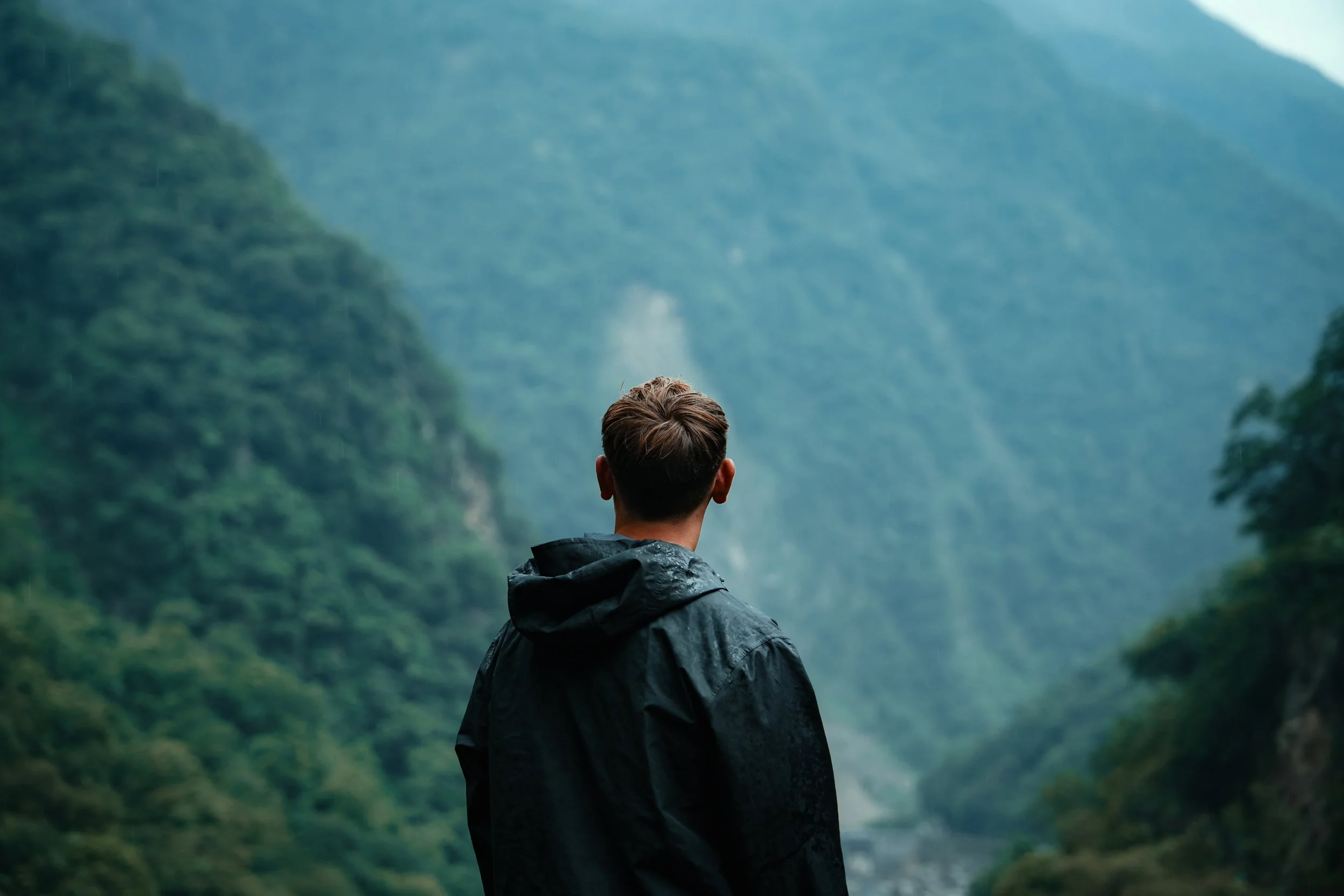 A person in a black jacket stands and looks at lush green mountains and a waterfall in the distance.