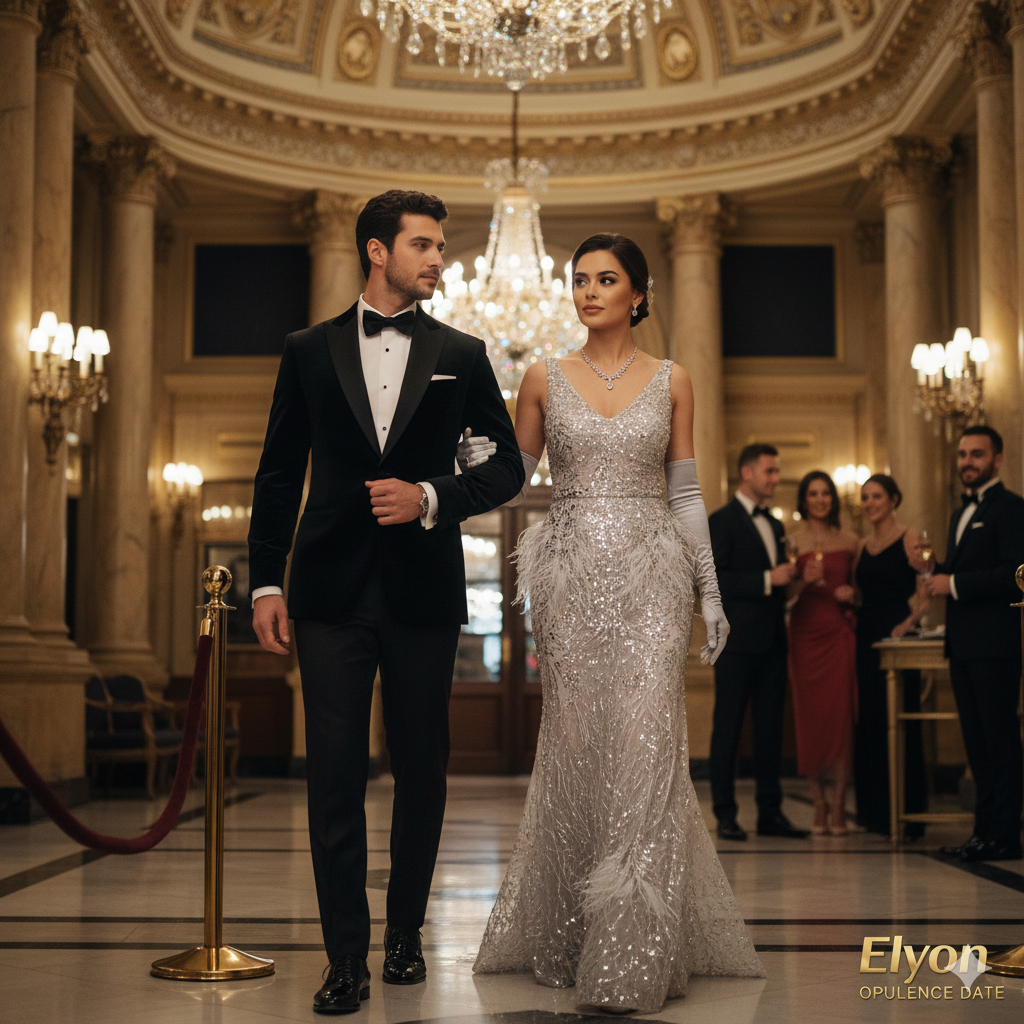 A man in a black tuxedo and a woman in a sparkling silver gown walk arm-in-arm through an opulent hall with high ceilings, large chandeliers, and ornate columns. Other formally dressed guests stand in the background, holding drinks.