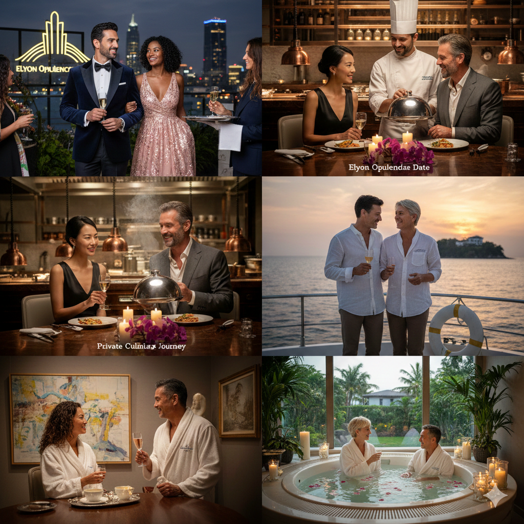 Collage of six images depicting romantic and elegant moments at various luxury settings, including outdoor rooftop, fine dining restaurants, a seaside, and a spa with a couple in a hot tub.
