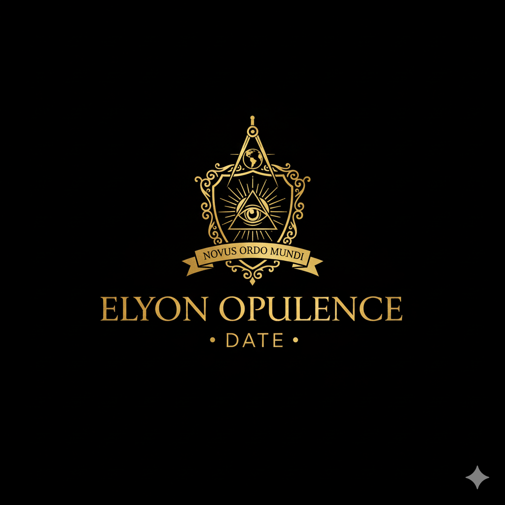 A black background with a gold ornate emblem featuring an eye, a pyramid, and Earth, with a banner reading 'NOVUS ORDO MUNDI,' and text 'ELYON OPULENCE' with a placeholder for the date.