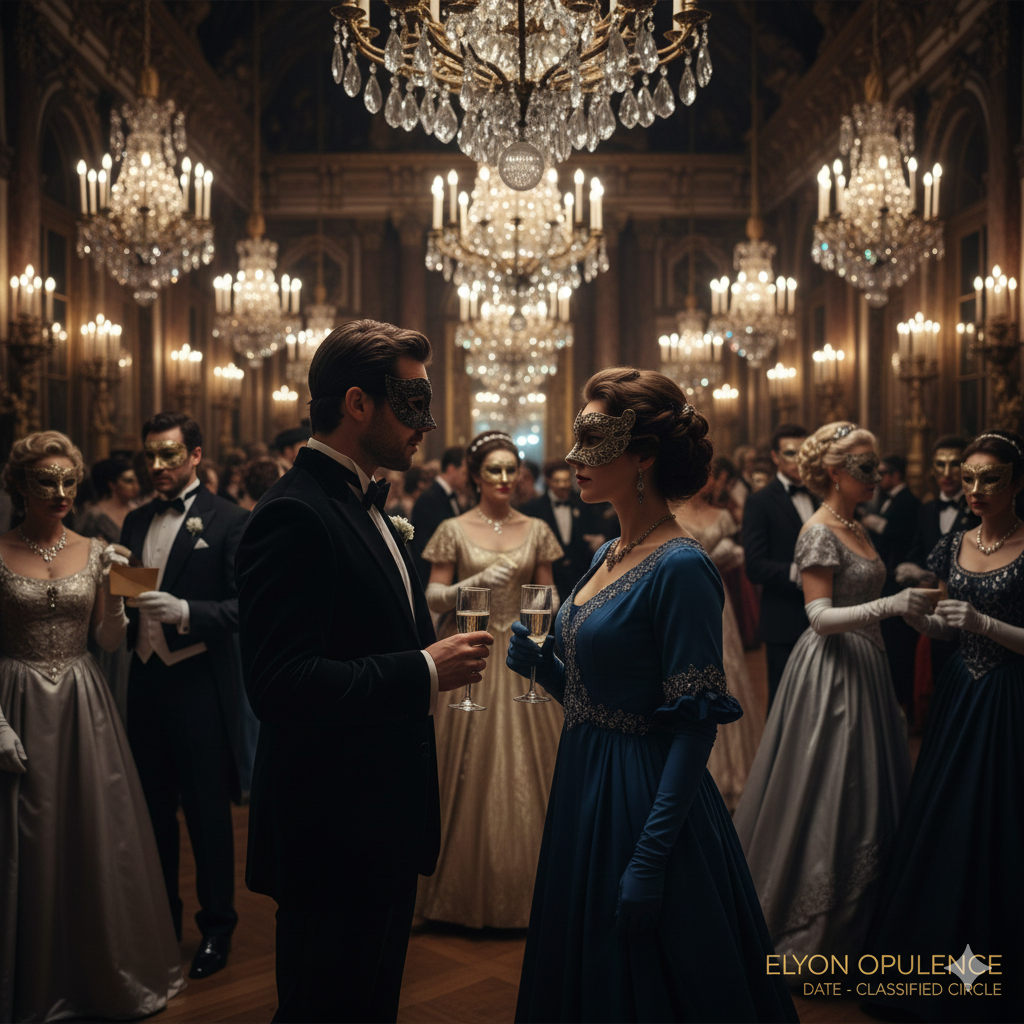 Couple in formal attire and masks holding champagne glasses, attending a masked ball in an opulent ballroom filled with chandeliers and other elegantly dressed guests.