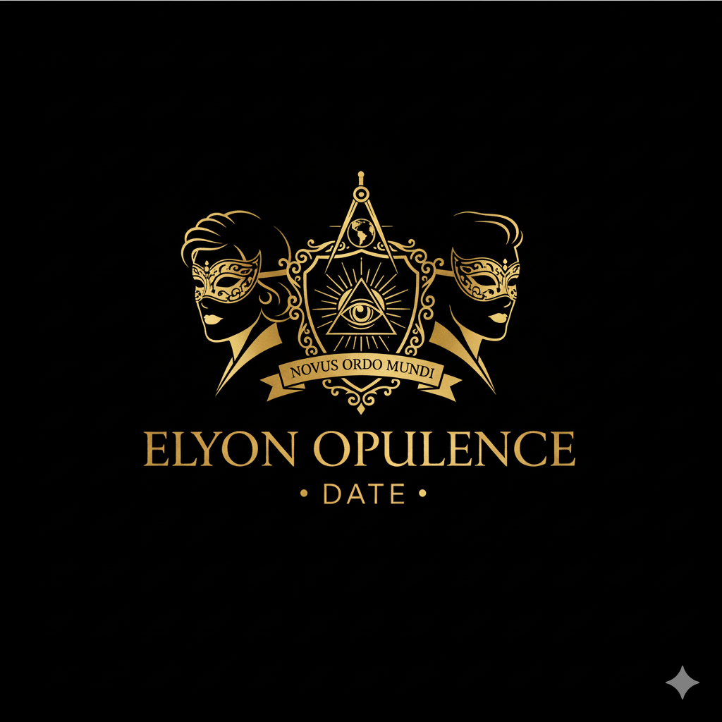 Black and gold graphic design with two women wearing masks, an eye within a pyramid, and a banner that reads 'Novus Ordo Mundi.' Text below says 'Elyon Opulence' and 'Date'.
