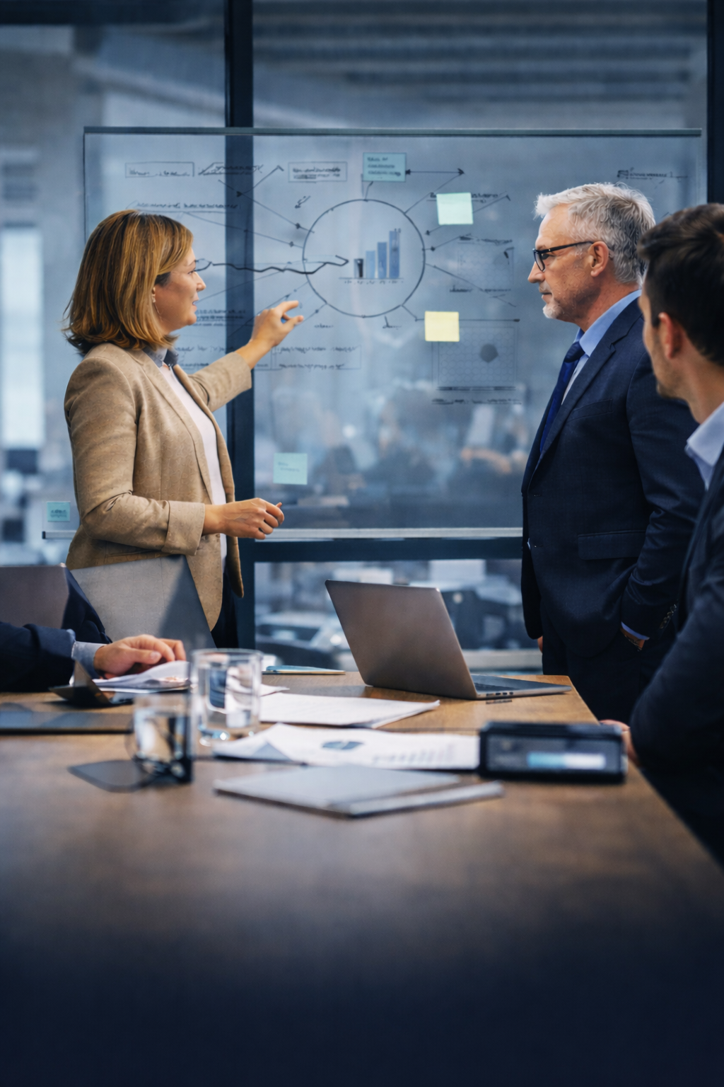 Businesswoman presenting data on a glass board during a meeting with colleagues in a modern office.
