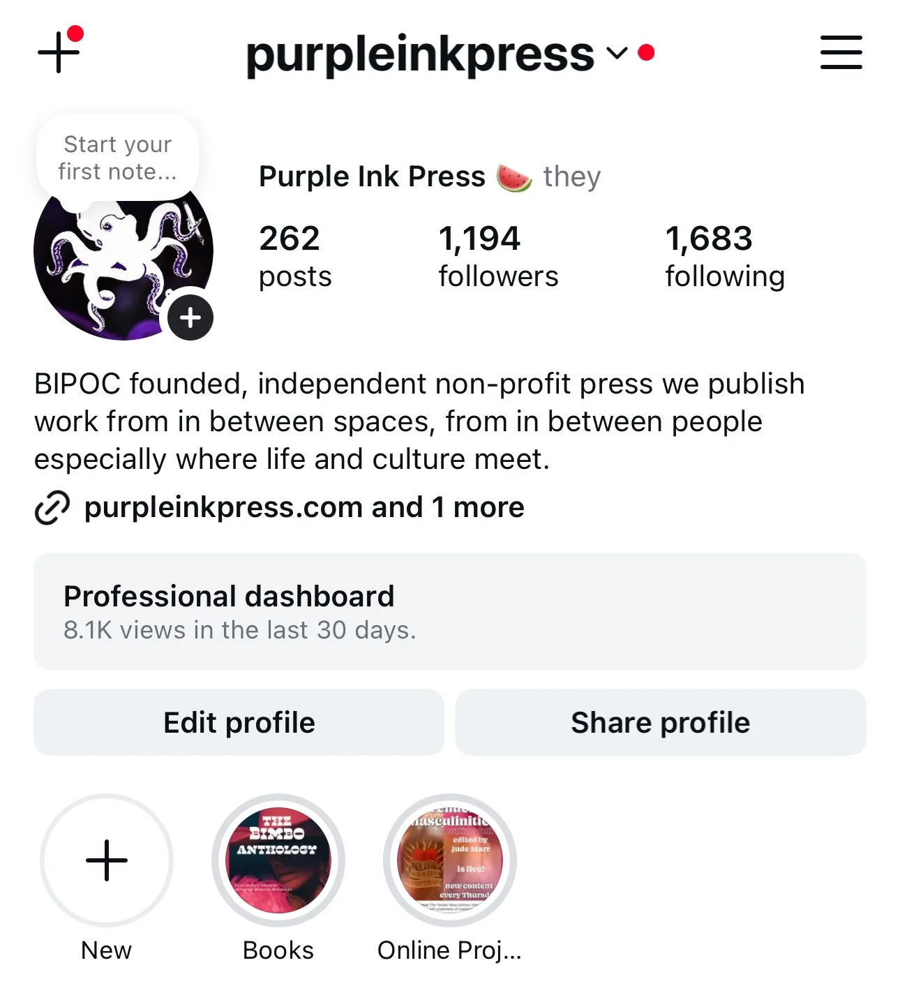 Screenshot of a social media profile page for 'purpleinkpress', an independent nonprofit BIPOC press. The profile picture features an illustration of a white octopus on a dark background. The bio states the press publishes work from in between spaces, especially where life and culture meet. There are options to edit profile or share profile, and highlighted stories titled 'New', 'Books', and 'Online Proj...'.
