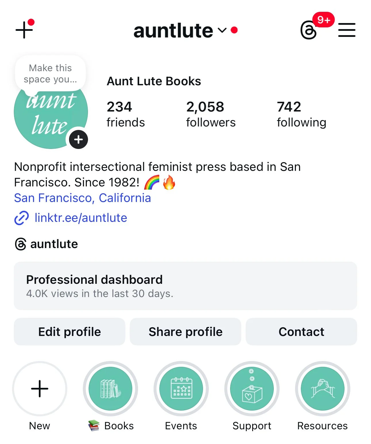 Profile page for Aunt Lute Books, a nonprofit feminist press in San Francisco, established in 1982, displaying follower stats, navigation options, and icons for Books, Events, Support, and Resources.