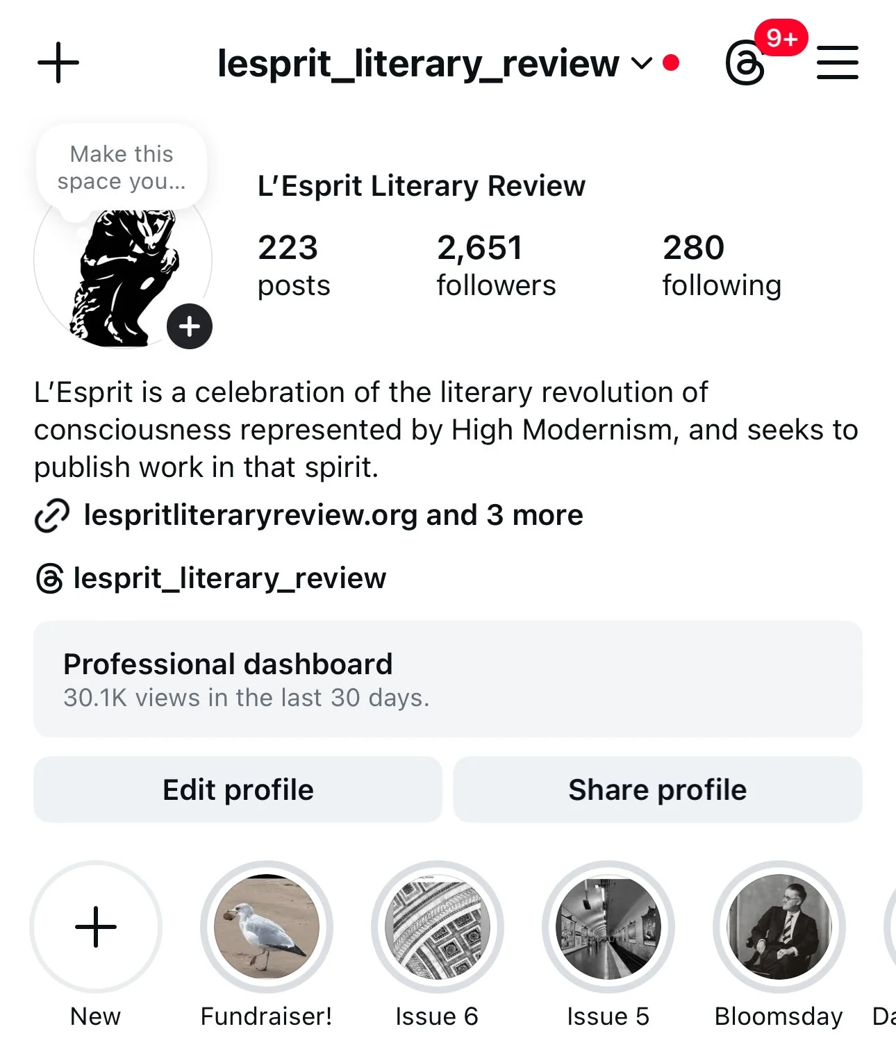 Instagram profile page for 'lesprit_literary_review,' showcasing account name, profile picture of a black panther, follower statistics, bio about celebrating literary revolution with high modernism, links, and highlighted stories with icons of a bird, a seagull, patterned art, subway, and a man in a suit.