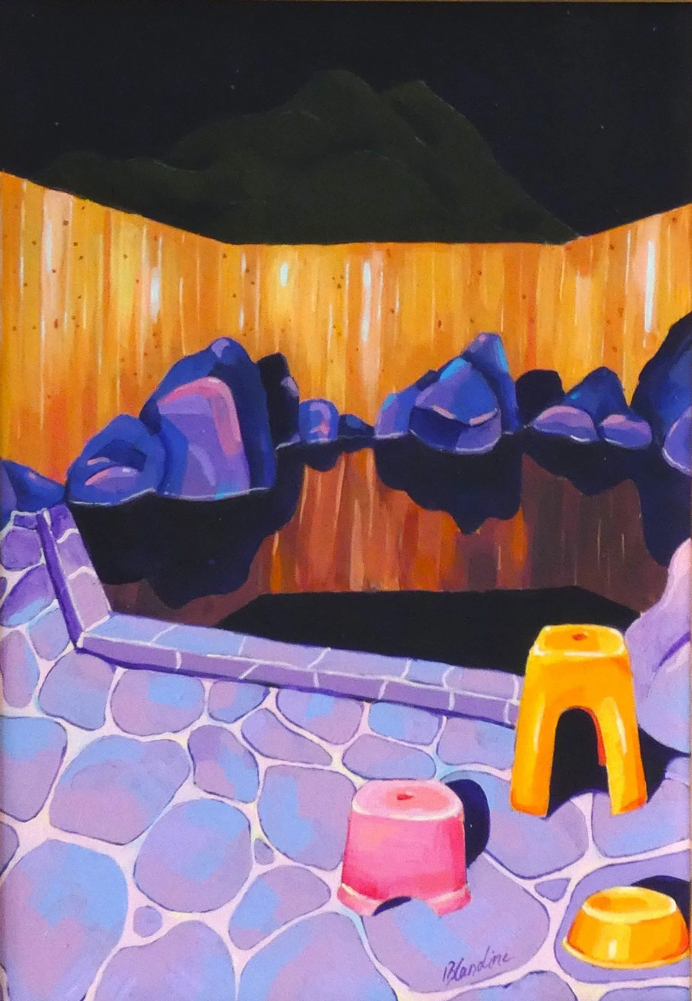 Peinture représentant un jardin japonais avec des rochers violets, un mur en pierre, des pots colorés et un mur en bois derrière. Montagne sombre en arrière-plan sous un ciel étoilé.