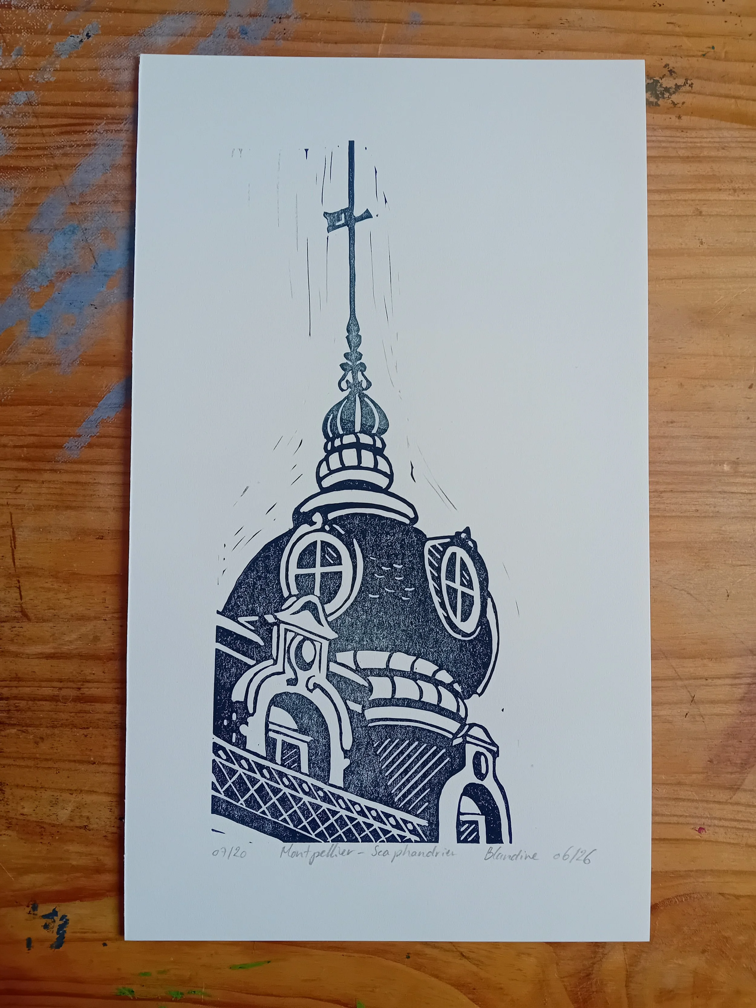 Montpellier, scaphandrier - linogravure