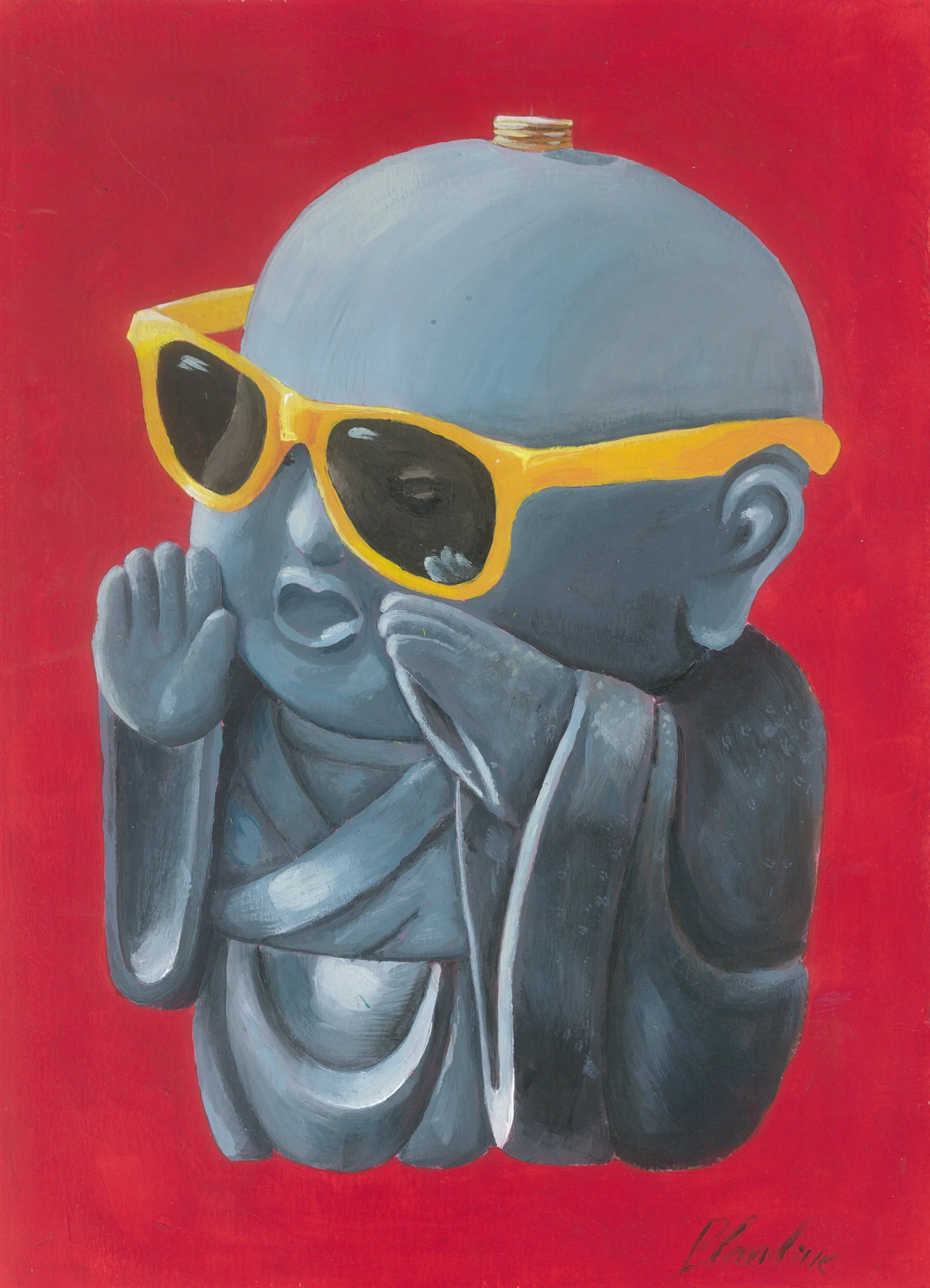 Une peinture représentant un bonze japonais portant des lunettes de soleil jaunes,qui semble crier ou confier quelque chose, sur un fond rouge. peinture acrylique par blandine guillet