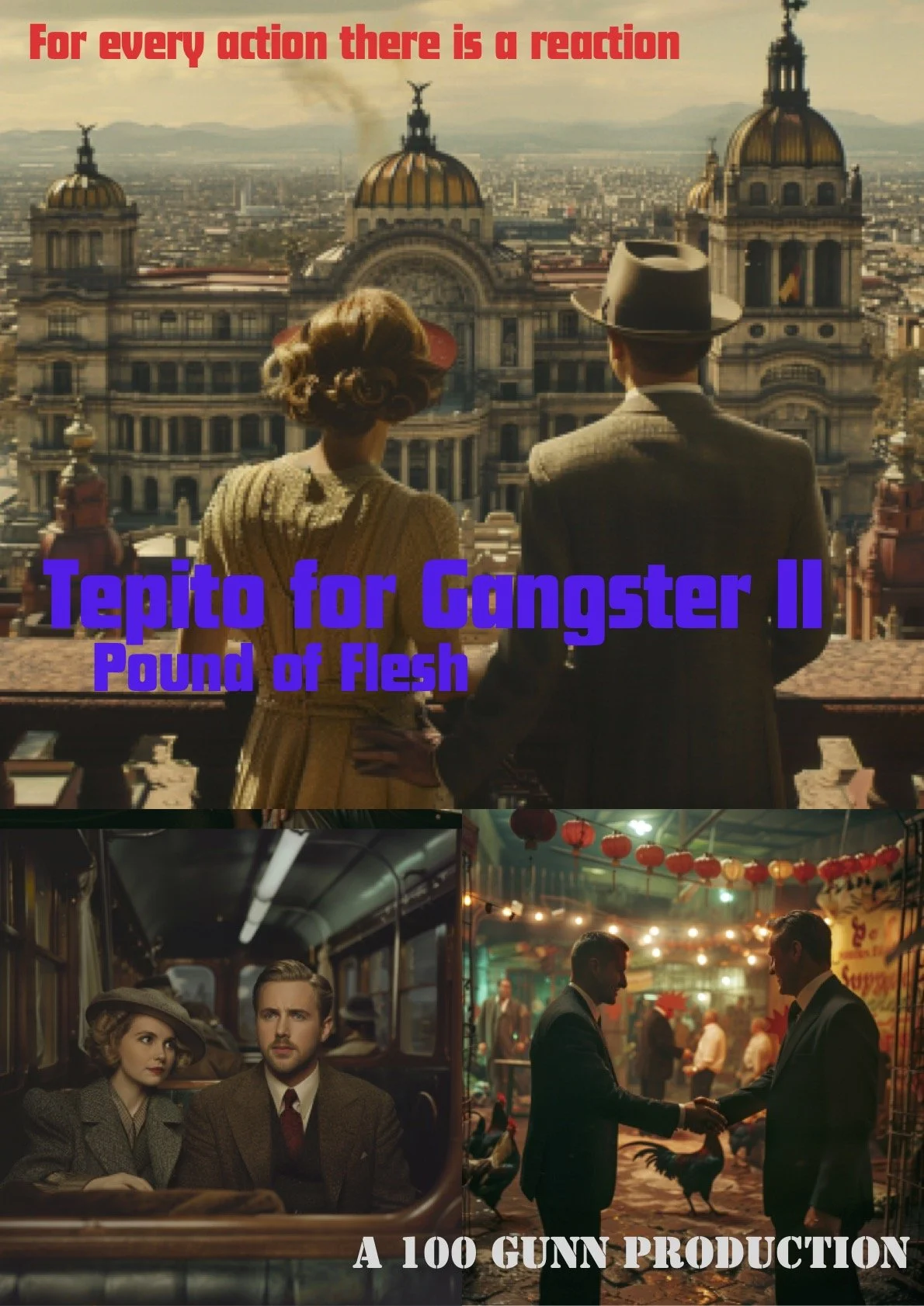 A collage of scenes from the movie 'Gangster II' with text. The top scene shows a man and woman from behind, overlooking a city skyline with domed buildings. Below are two scenes: one of a man and woman sitting in a vintage train car, and another of two men shaking hands in a carnival setting with red lanterns and booths. Text includes, 'For every action there is a reaction,' 'Tepito for Gangster II,' 'Pound of Flesh,' and 'A 100 GUNN PRODUCTION'.