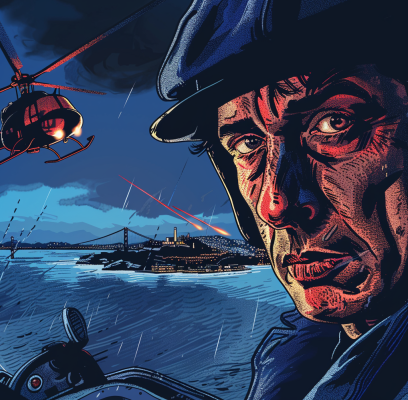 Close-up of a man wearing a hat with a serious expression, in a graphic novel style, with a city skyline and water in the background, and a helicopter flying nearby.
