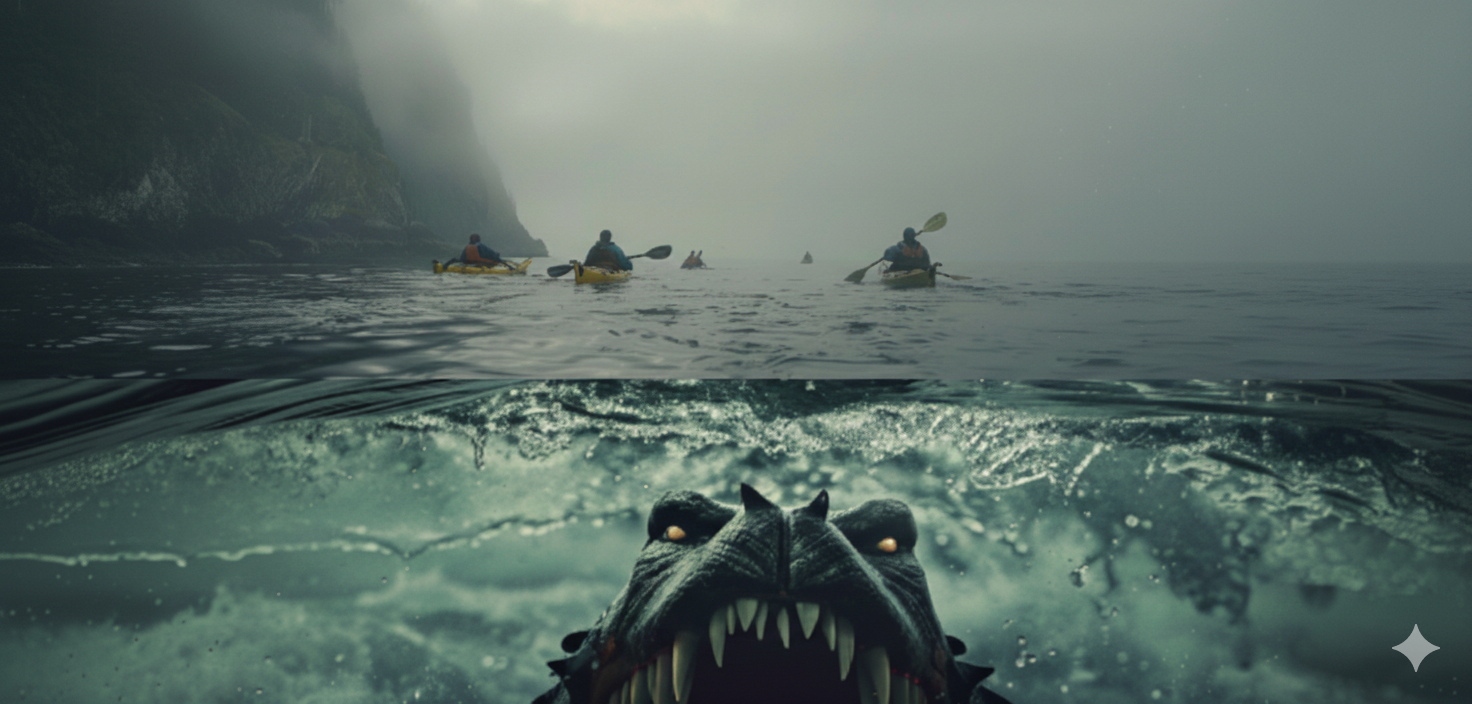 A split view of a black creature with sharp teeth and glowing eyes submerged in water below a foggy lake with people kayaking in the distance.