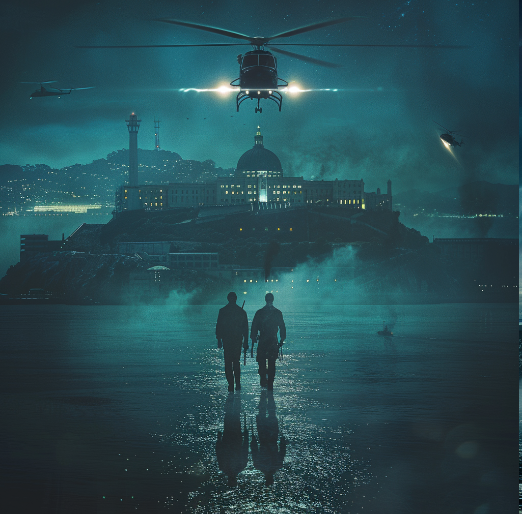 Two people walking along a shoreline at night with a city and a fortress-like structure in the background. Multiple helicopters flying in the sky, some with lights on, creating a dramatic scene.